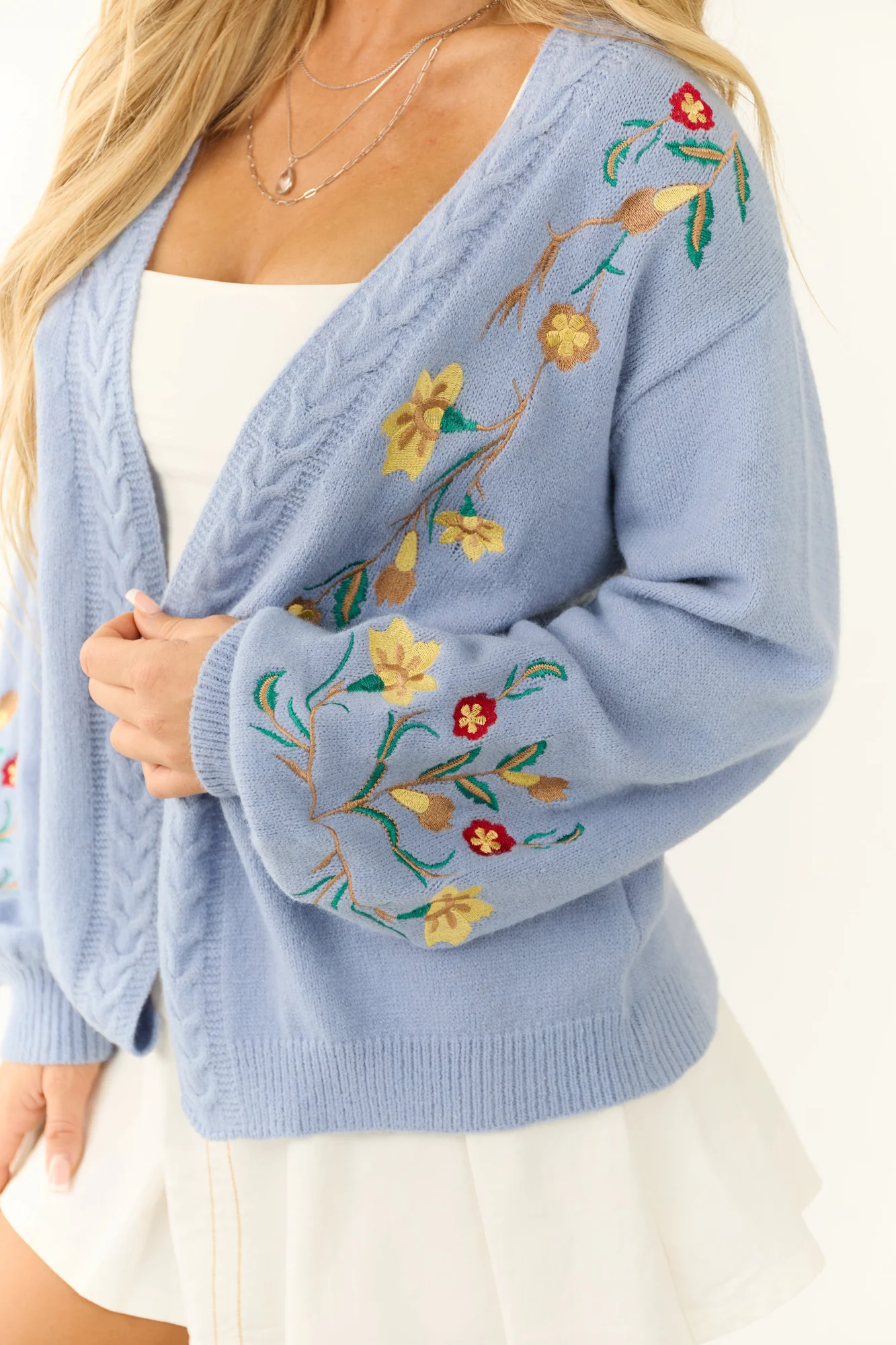 Floral Embroidered Knit Cardigan - Powder Blue
