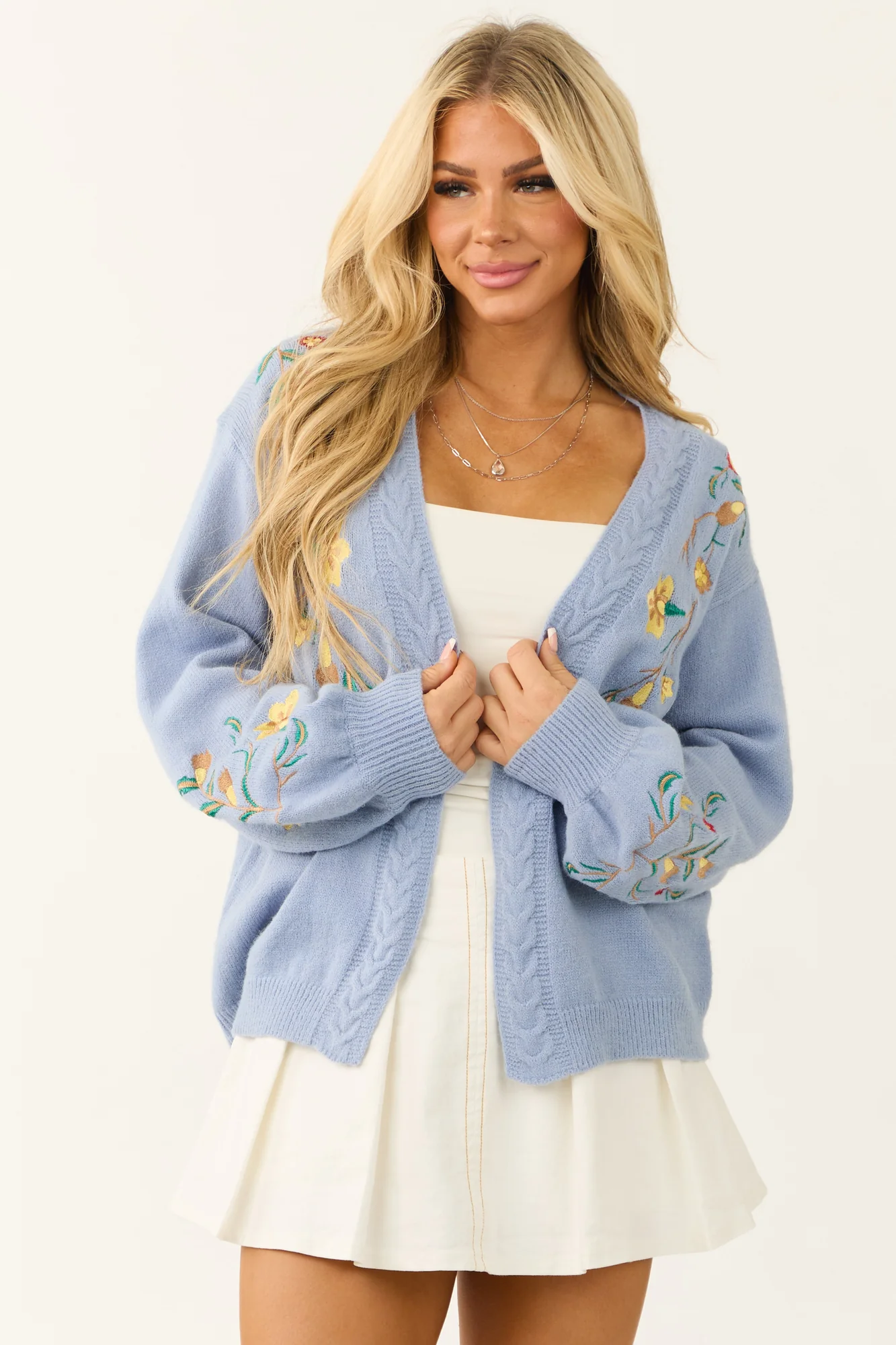 Floral Embroidered Knit Cardigan - Powder Blue