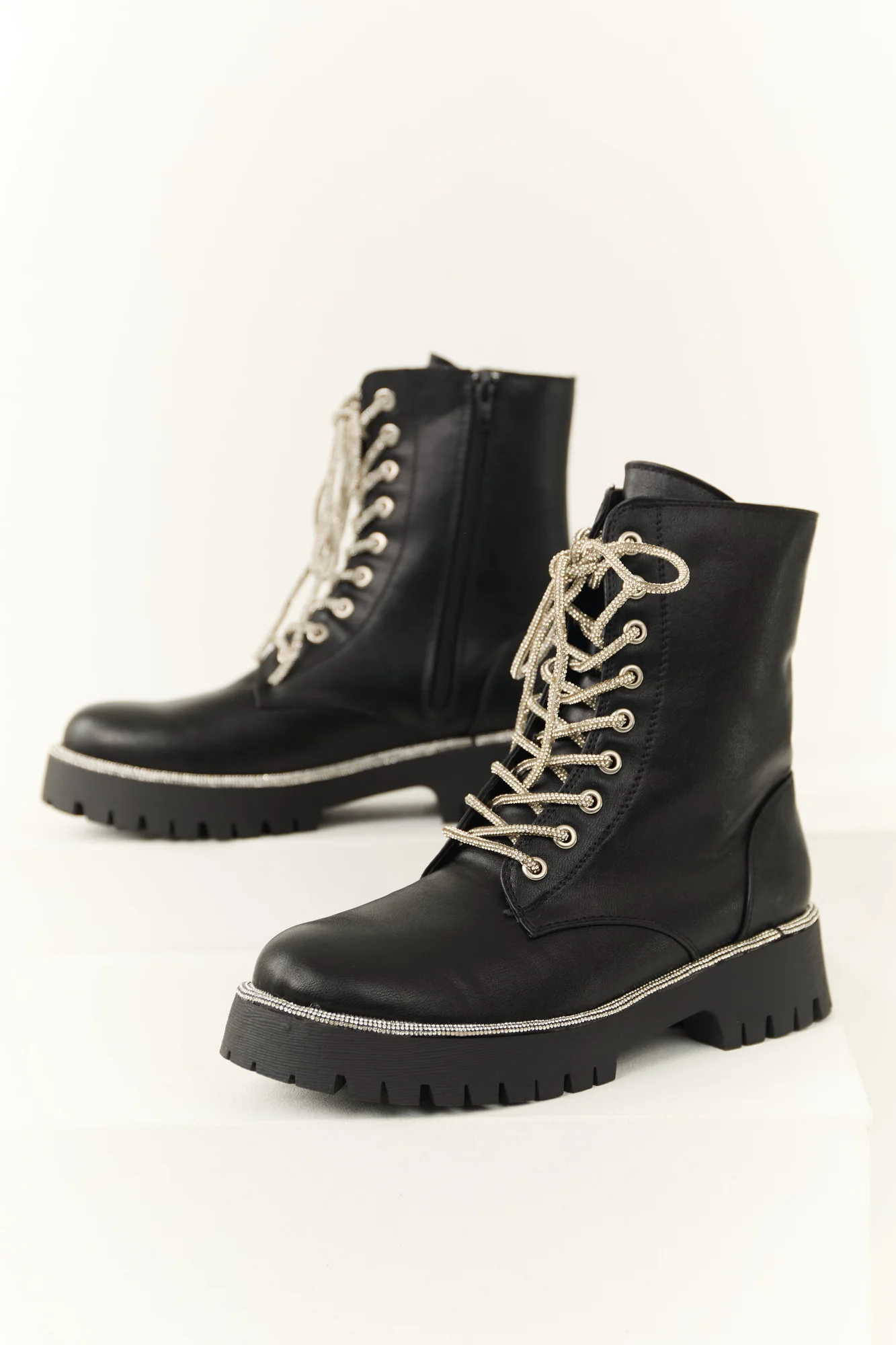 Black Rhinestone Platform Combat Boots