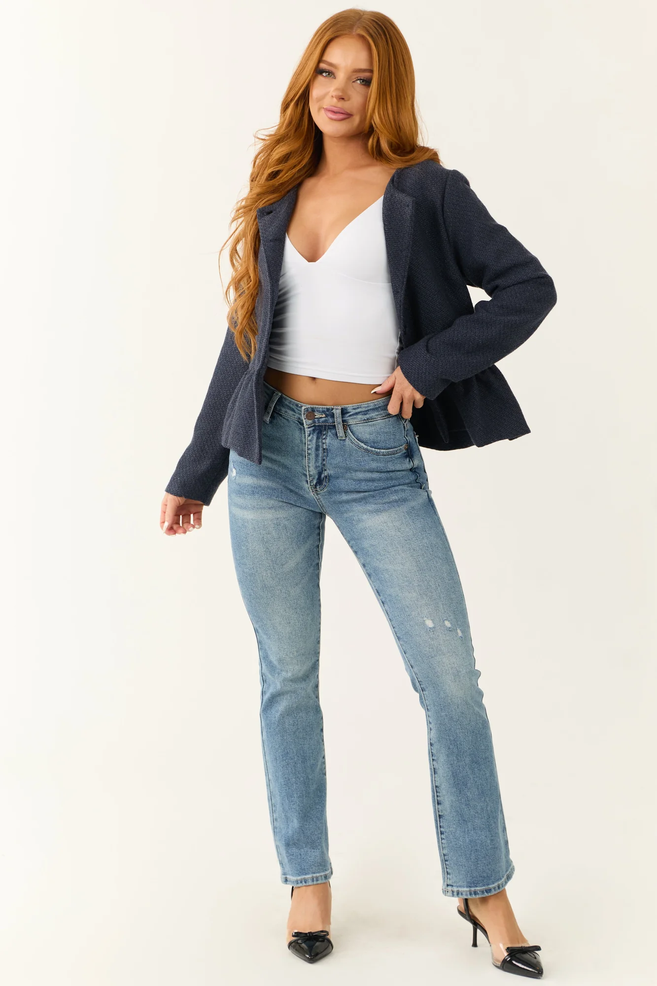 Blue Ruffle Hem Long Sleeve Cardigan