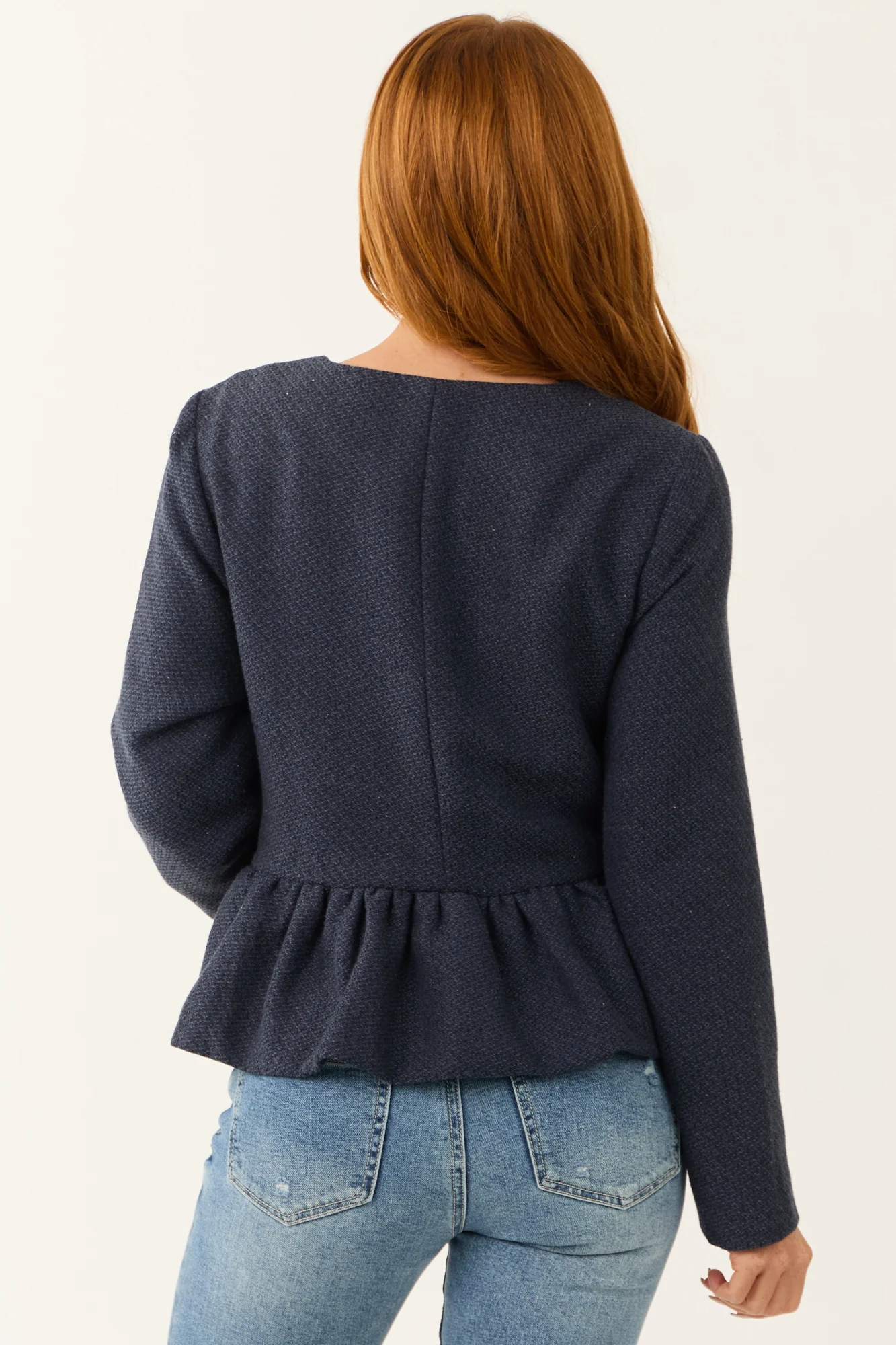 Blue Ruffle Hem Long Sleeve Cardigan