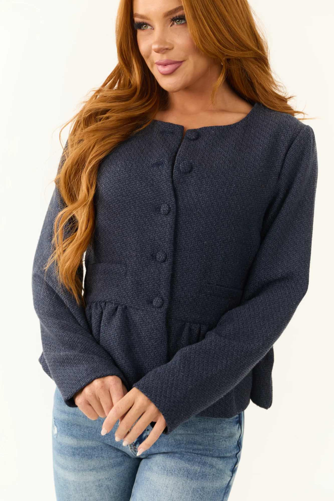 Blue Ruffle Hem Long Sleeve Cardigan