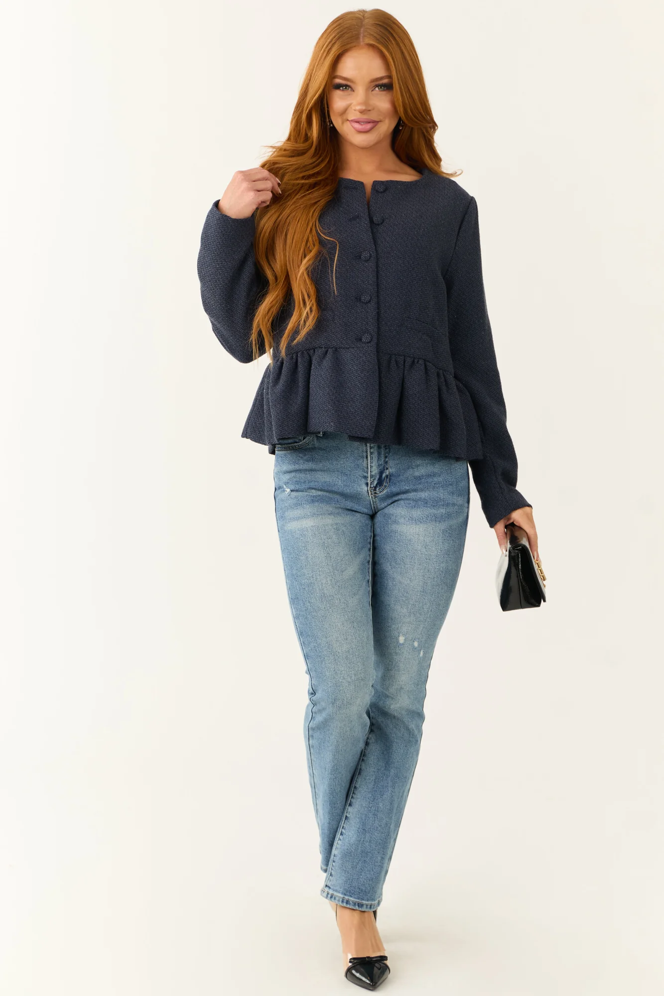 Blue Ruffle Hem Long Sleeve Cardigan
