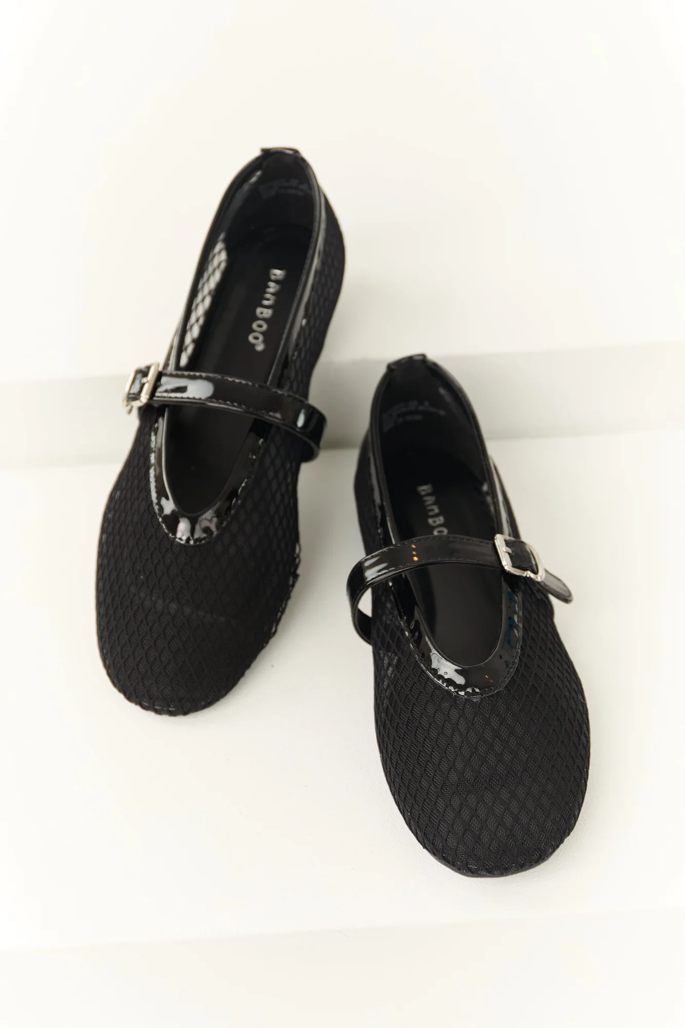 Black Mesh Round Toe Flats with Geometric Design