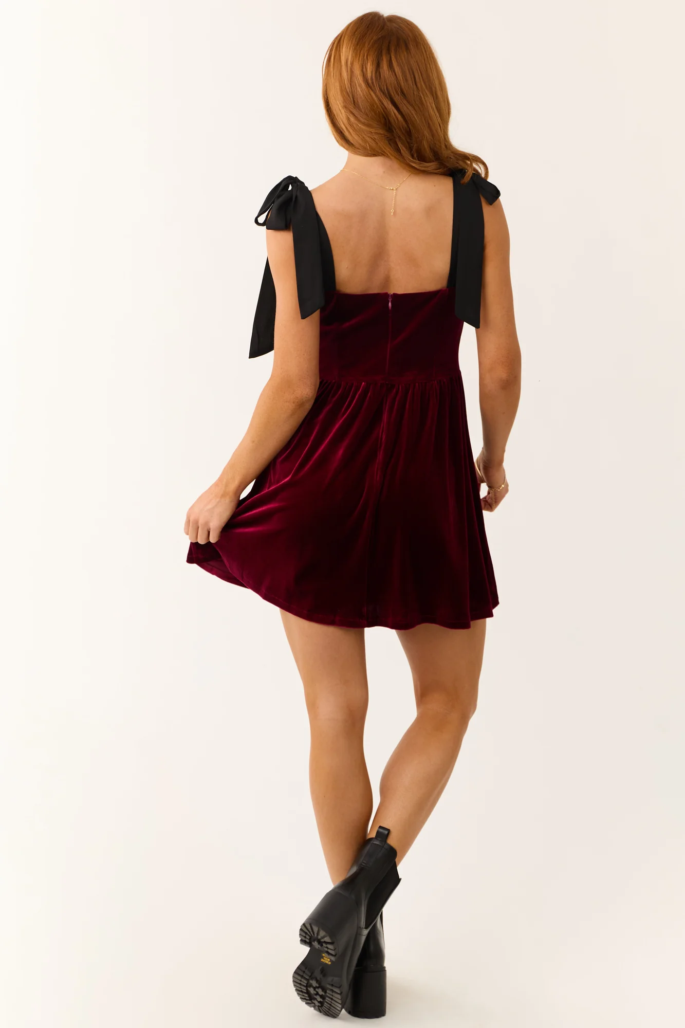 Maroon Velvet Sweetheart Neckline Short Dress with Self Tie Straps