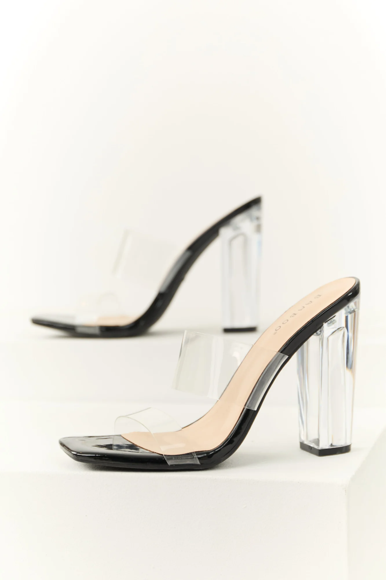 Womens Black Patent Leather Clear Block Heel Sandals