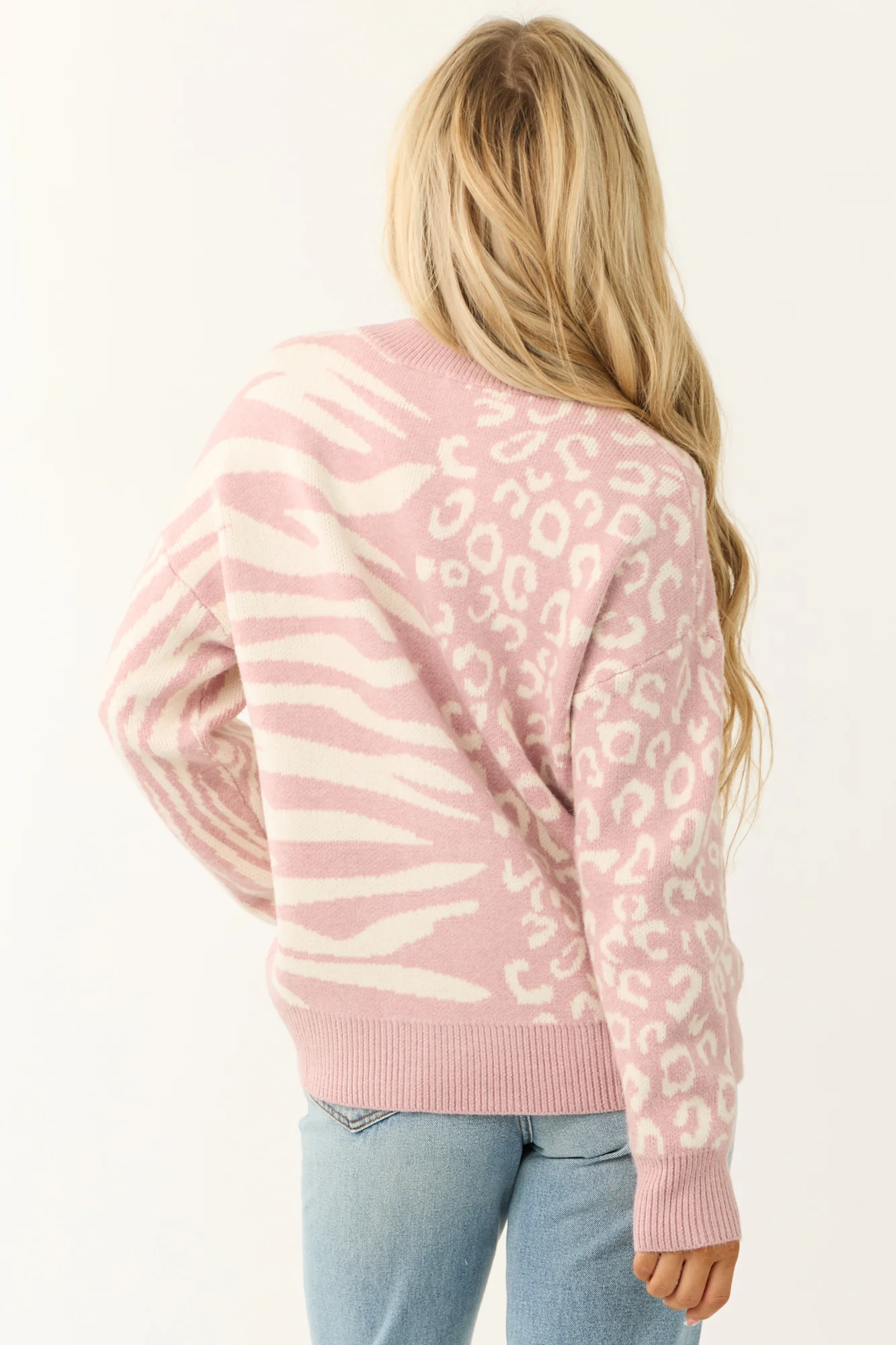 Leopard and Zebra Print Sweater in Baby Pink | Cozy Animal Print Top