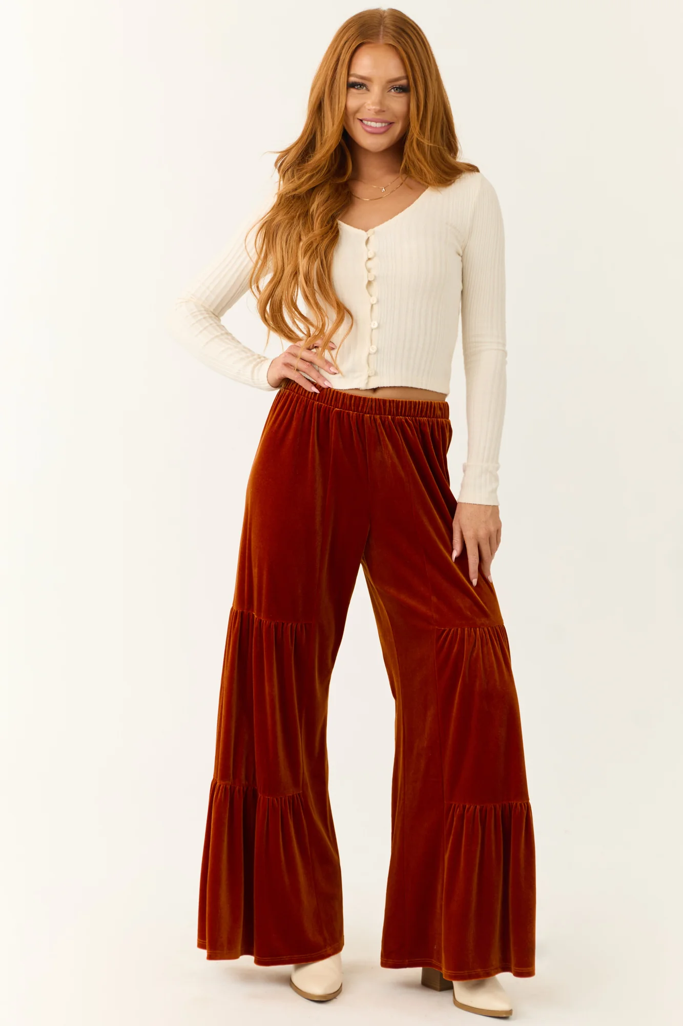 Tiered Burnt Orange Velvet Wide Leg Pants