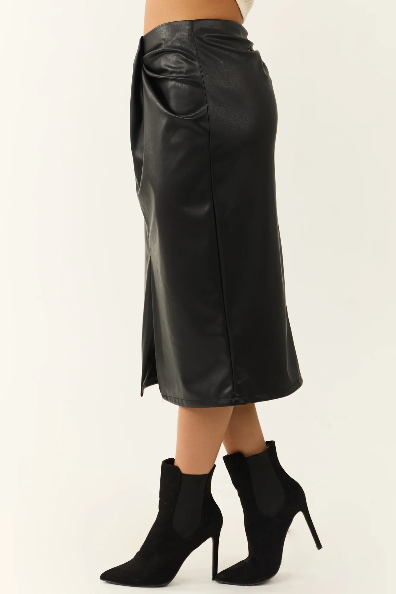 Faux Leather Pleated Midi Skirt in Black