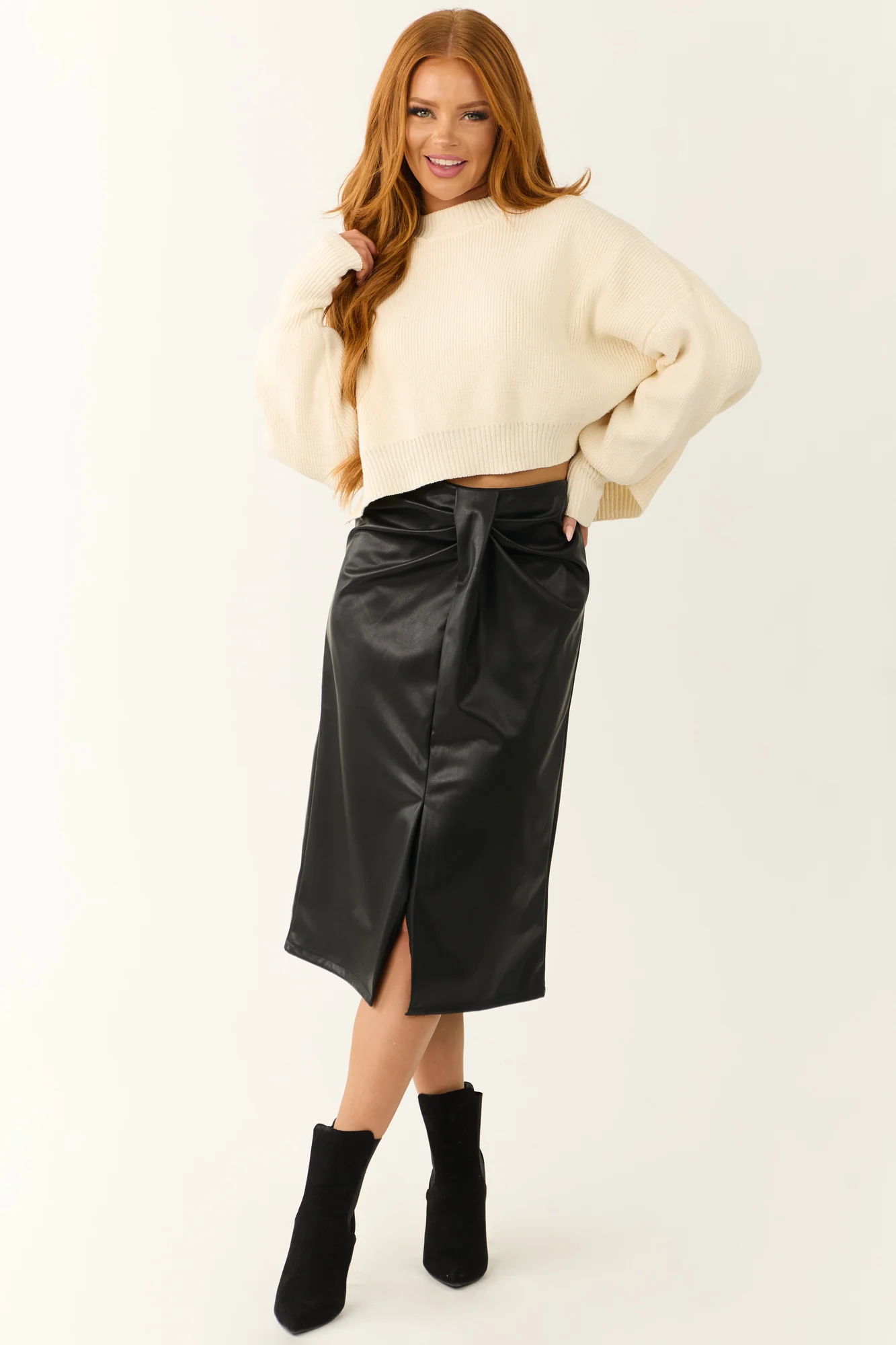 Faux Leather Pleated Midi Skirt in Black