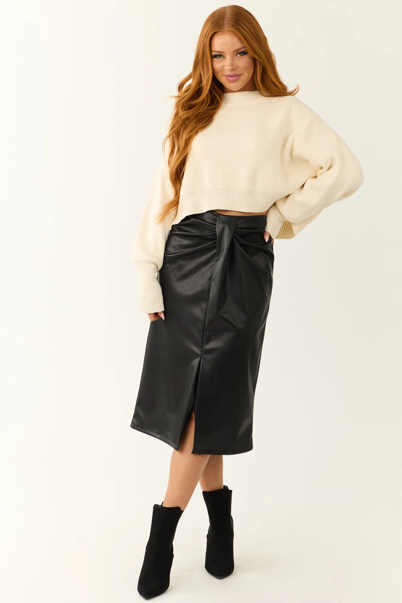 Faux Leather Pleated Midi Skirt in Black
