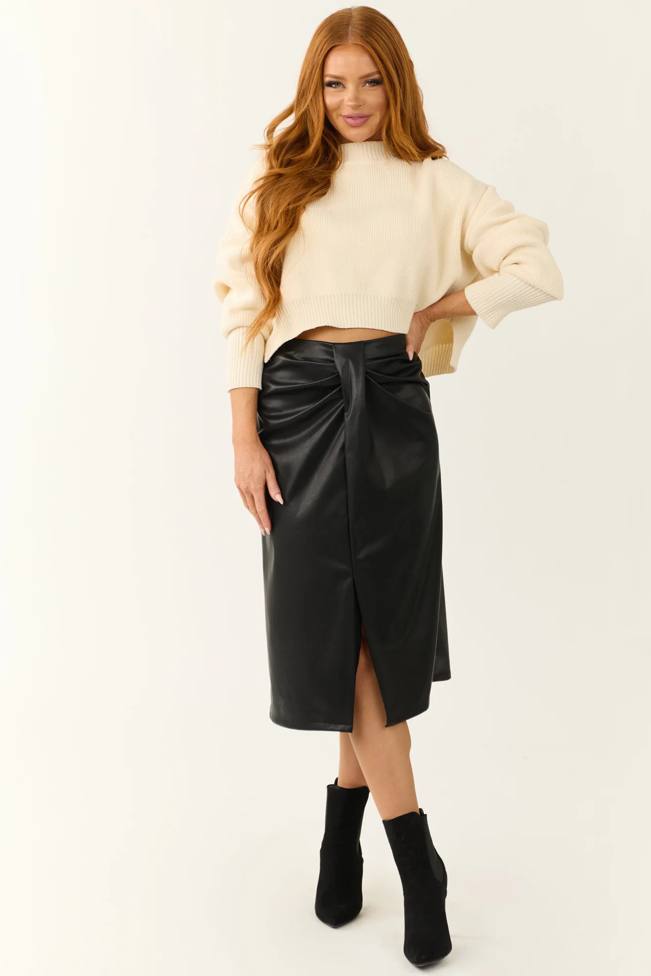 Faux Leather Pleated Midi Skirt in Black