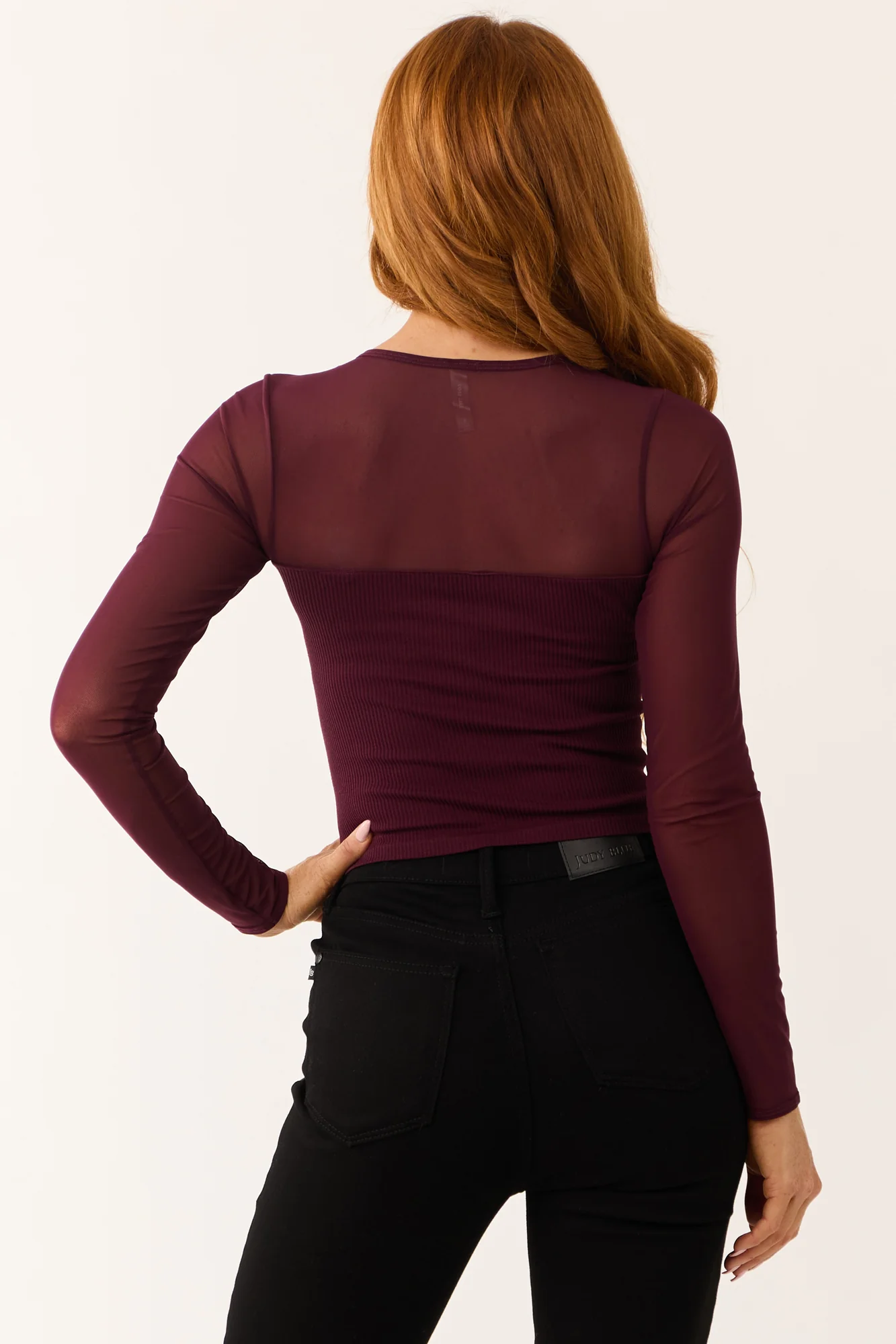 Mahogany Mesh Rhinestone Embellished Long Sleeve Top