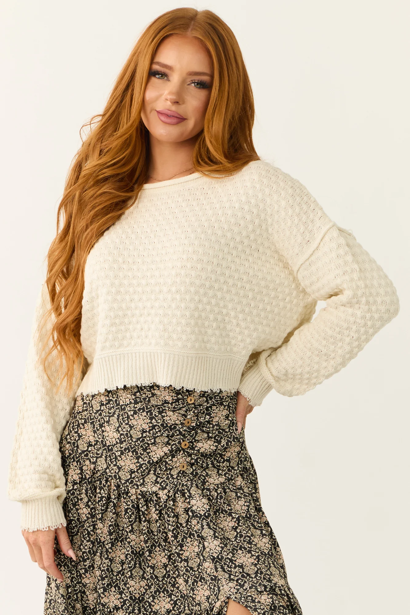 Ivory Cable Knit Sweater with Boat Neckline