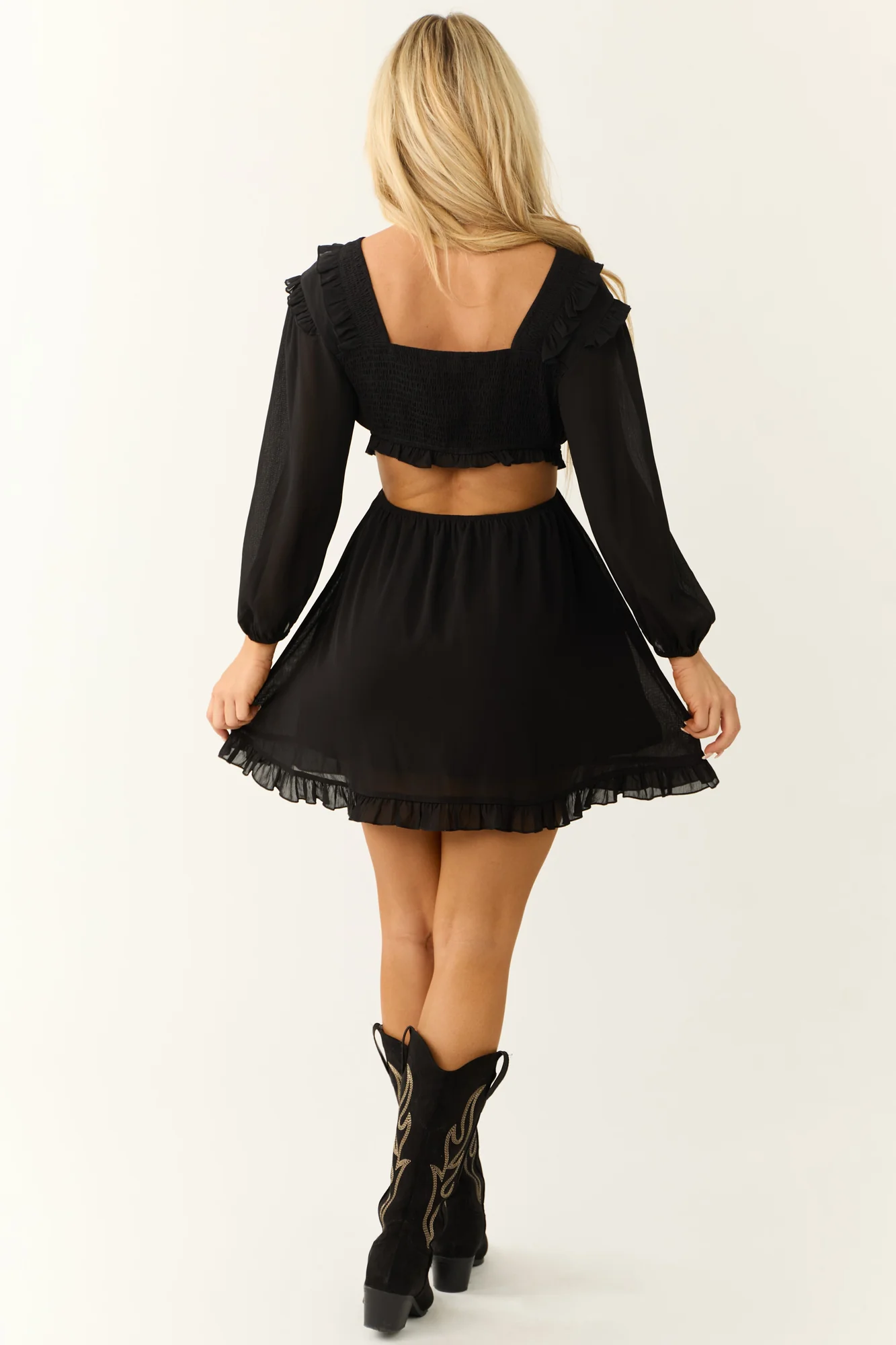 Black Ruffled Long Sleeve Mini Dress