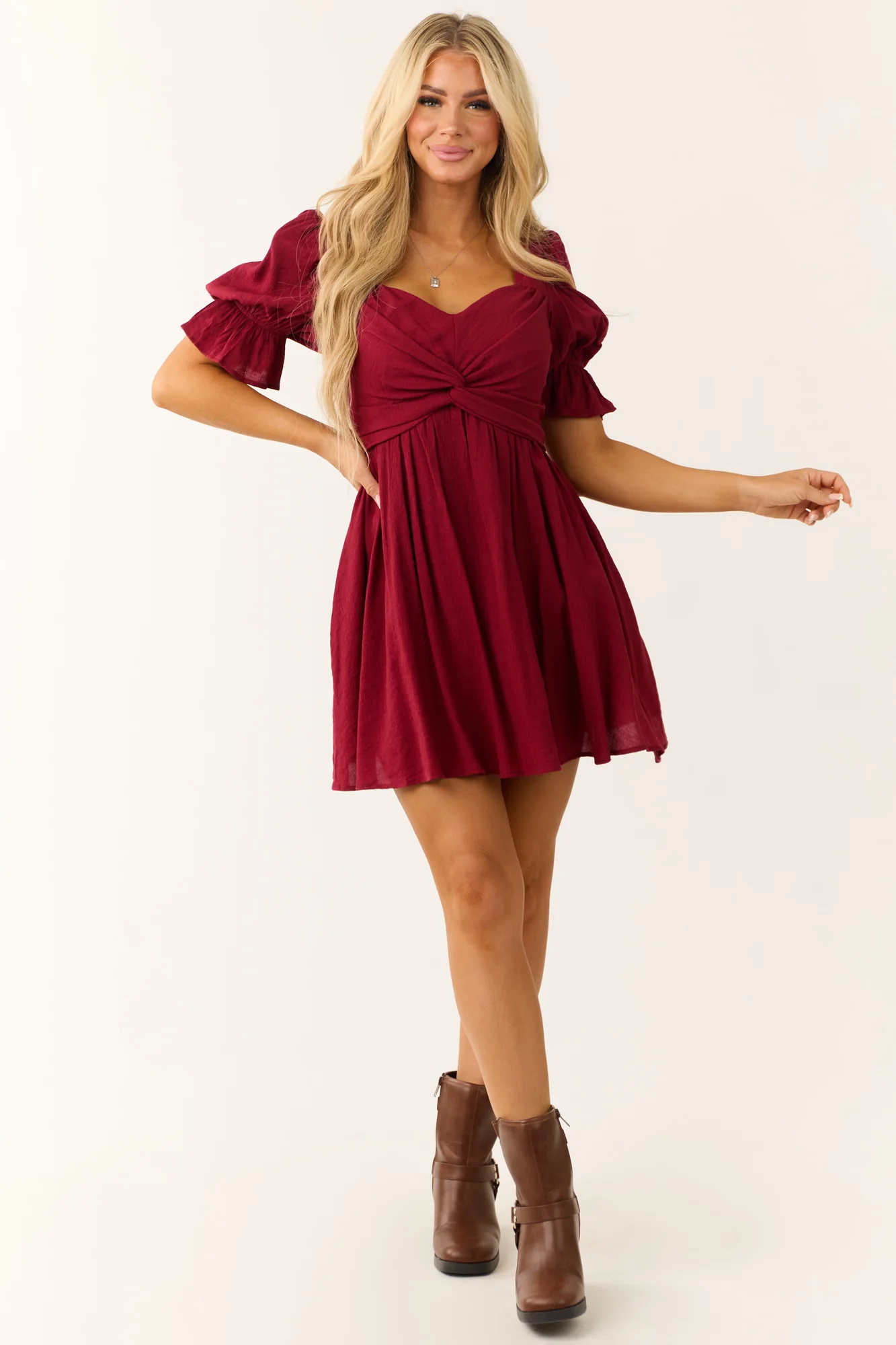 Sweetheart Neckline Womens Wine Short Dress with Waist Tie