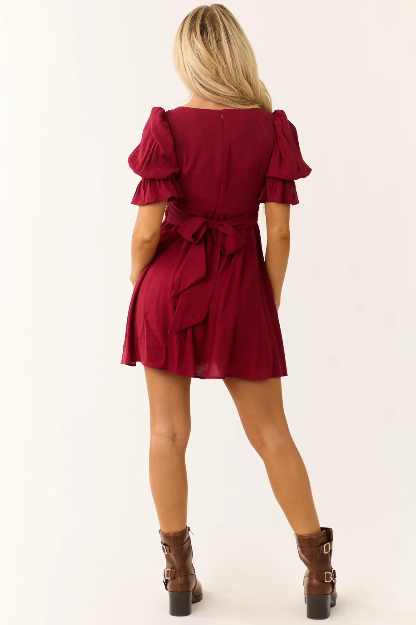Sweetheart Neckline Womens Wine Short Dress with Waist Tie