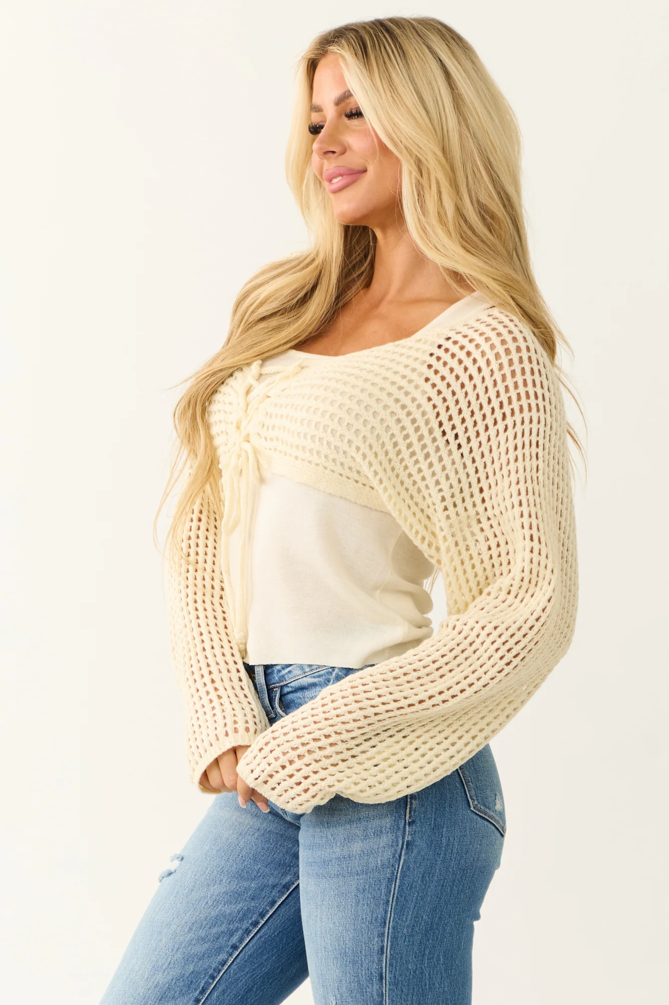 Cream Crocheted Cardigan with Tank Top Set