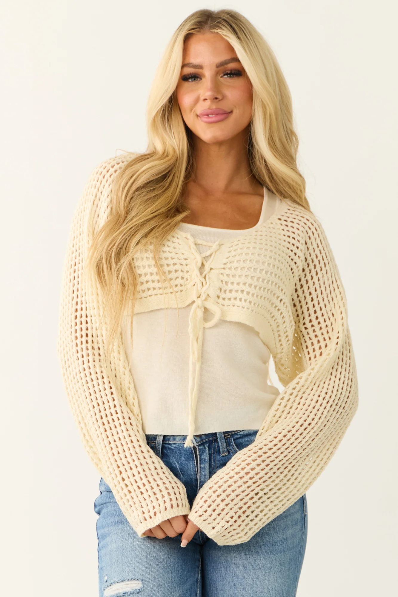 Cream Crocheted Cardigan with Tank Top Set