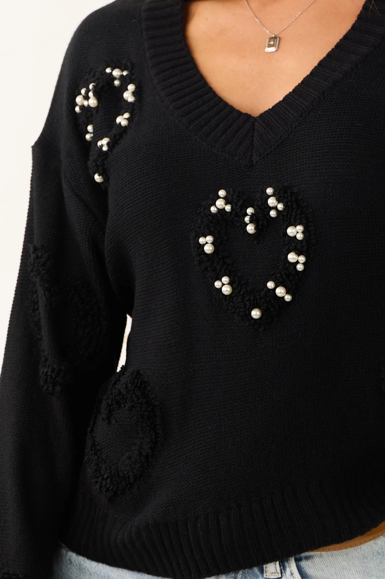 Ribbed Knit Heart Detail V Neck Black Sweater