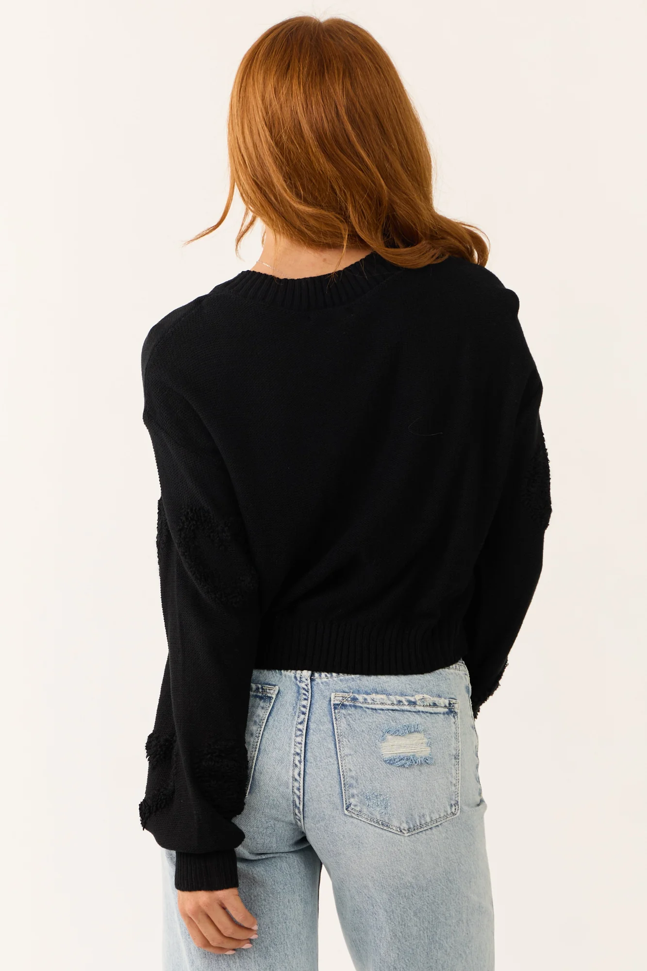 Ribbed Knit Heart Detail V Neck Black Sweater