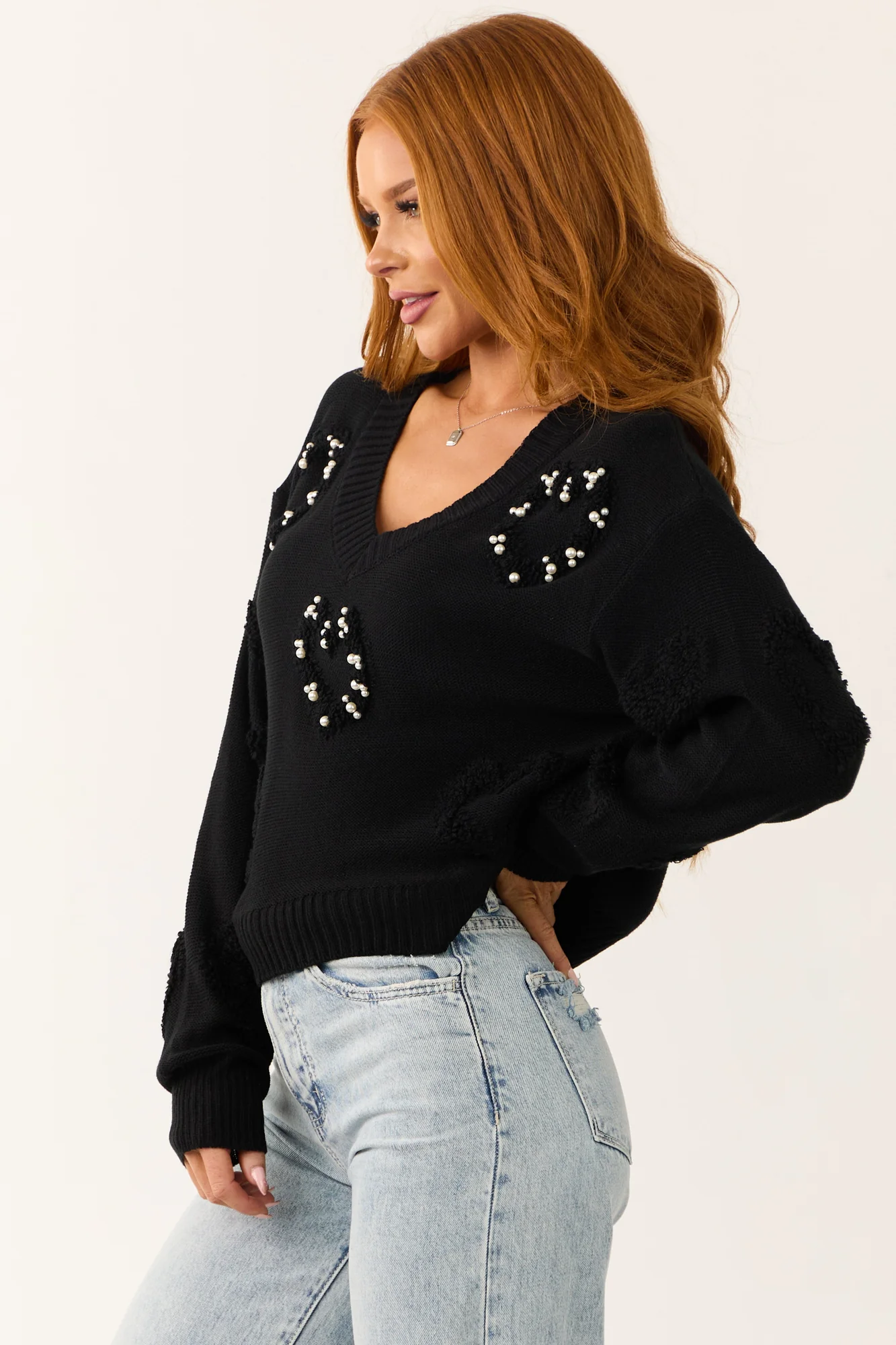 Ribbed Knit Heart Detail V Neck Black Sweater