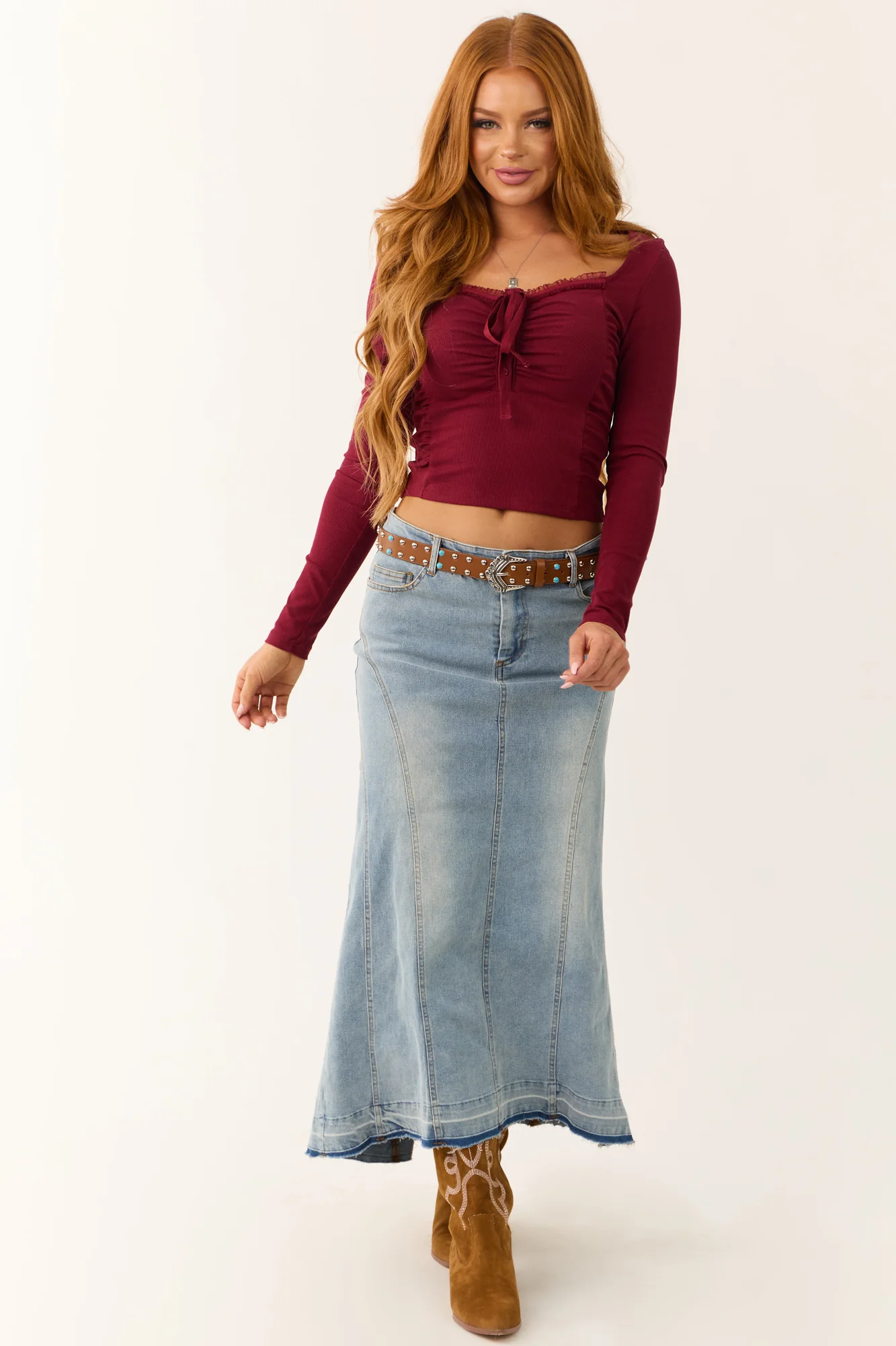 Maroon Ruched Long Sleeve Top with Front Tie Detail