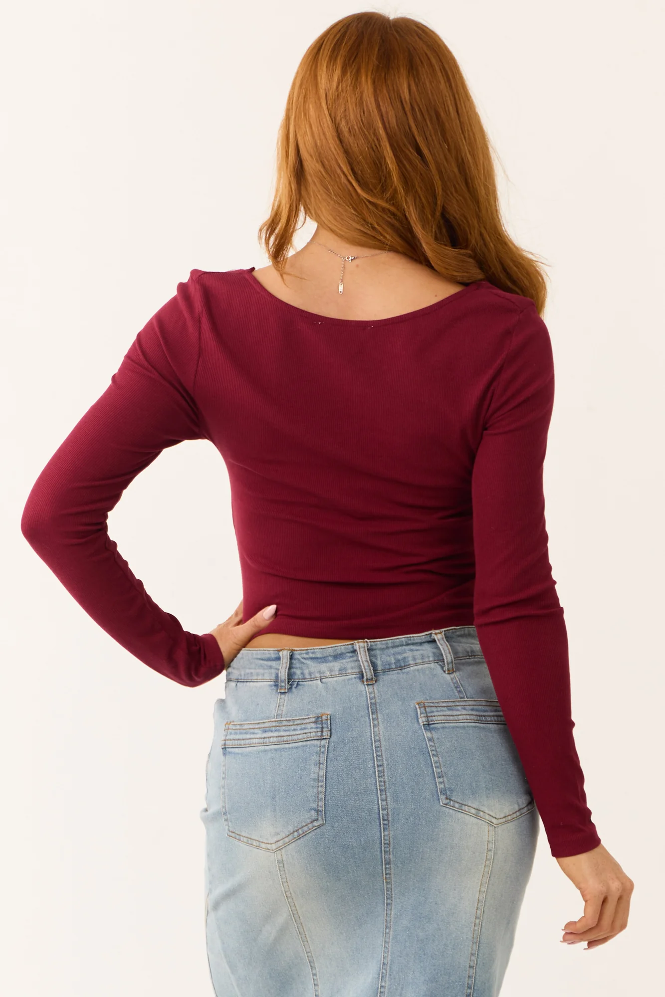 Maroon Ruched Long Sleeve Top with Front Tie Detail