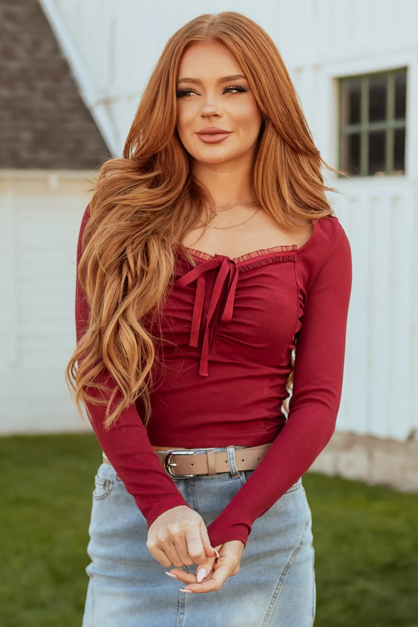 Maroon Ruched Long Sleeve Top with Front Tie Detail