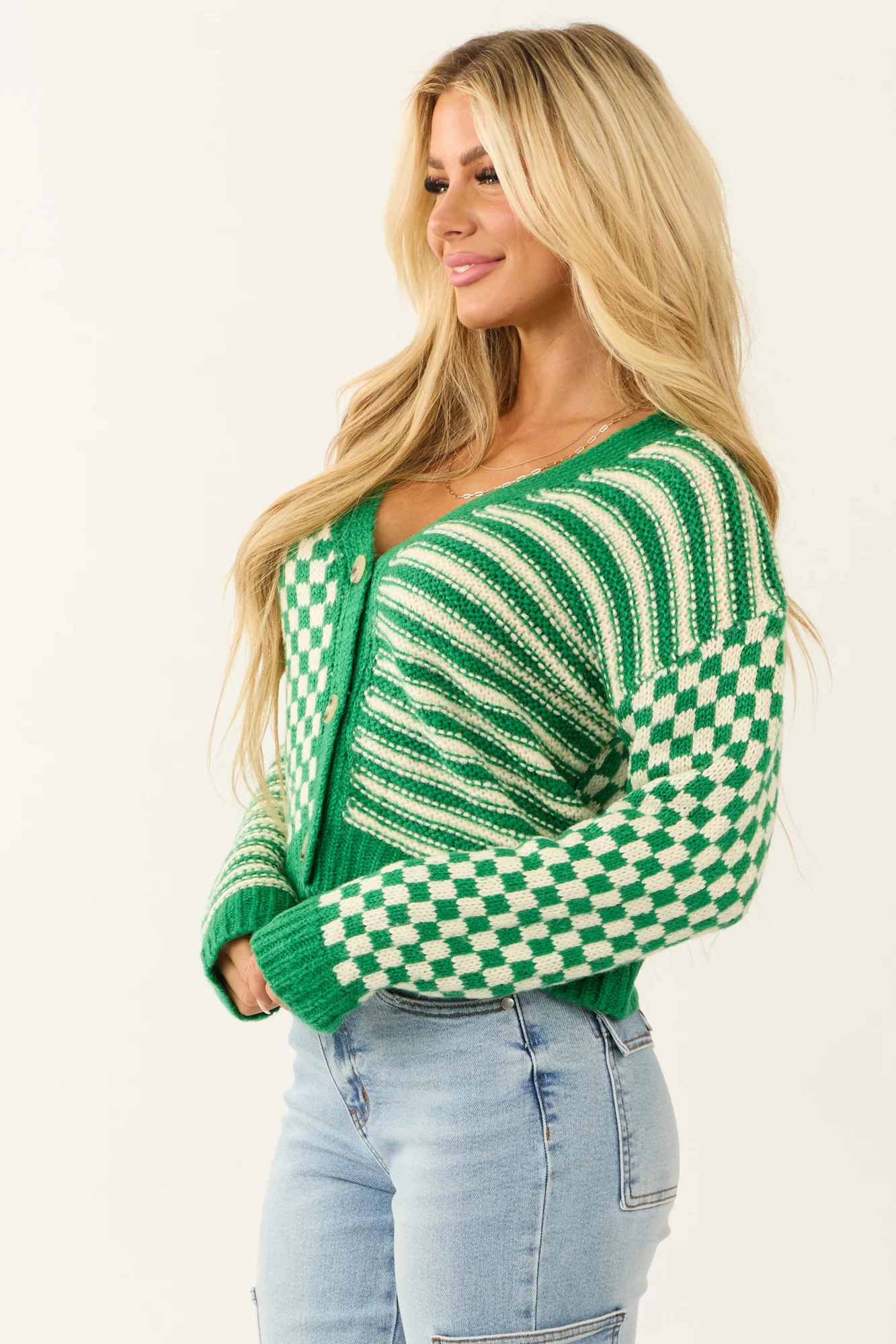 Chunky Knit Green Cardigan with Stripe Print