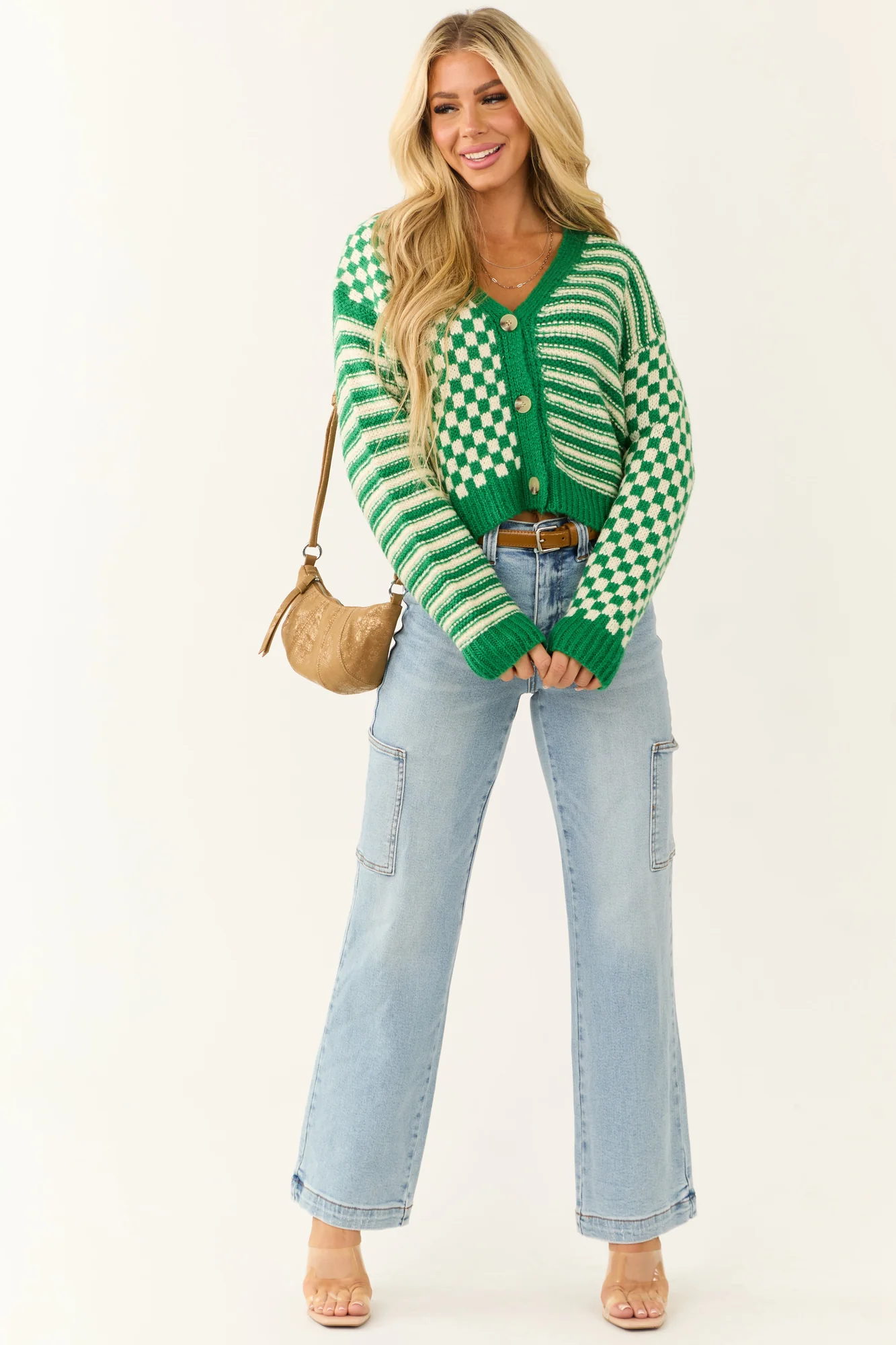 Chunky Knit Green Cardigan with Stripe Print