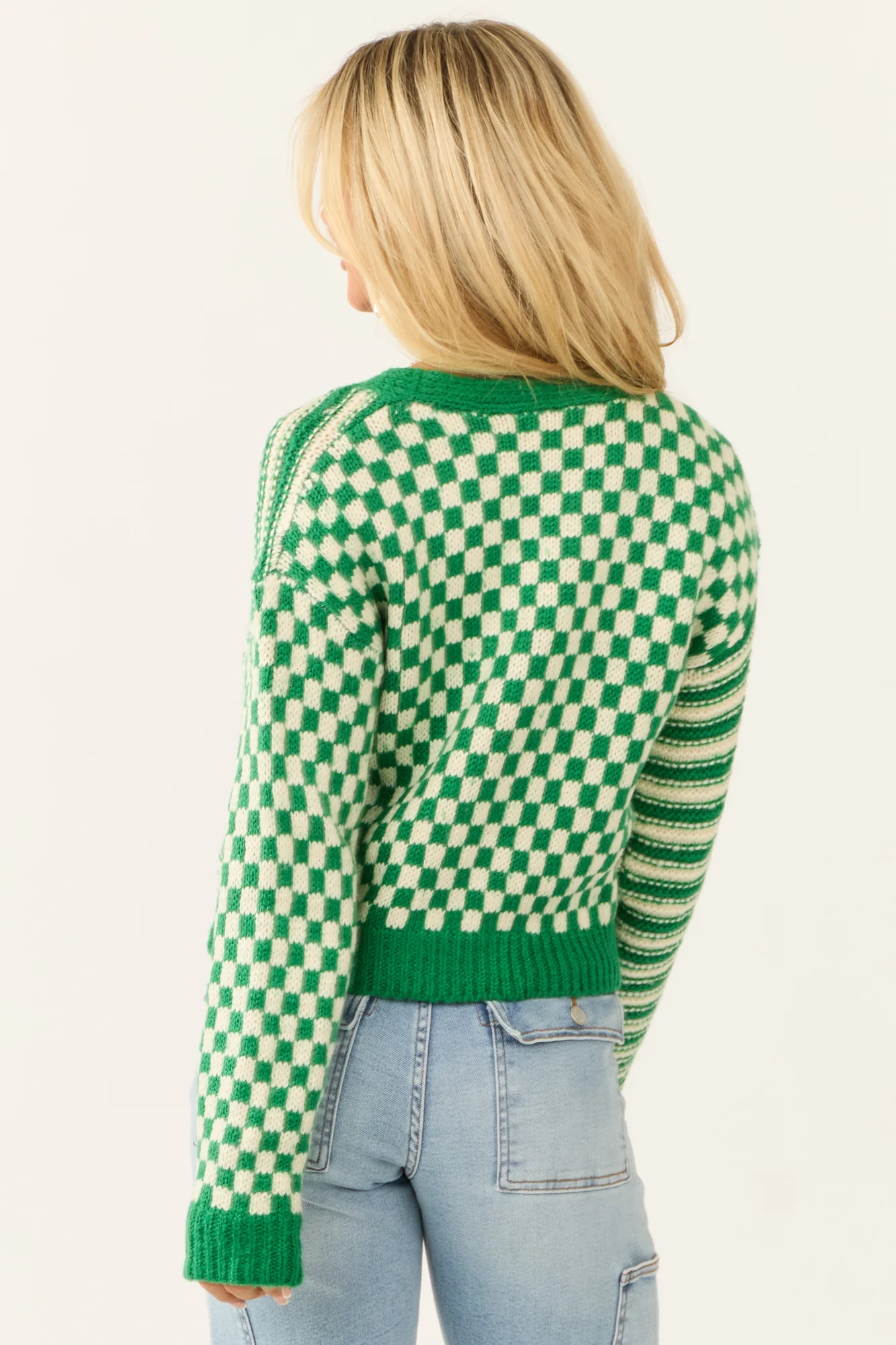 Chunky Knit Green Cardigan with Stripe Print