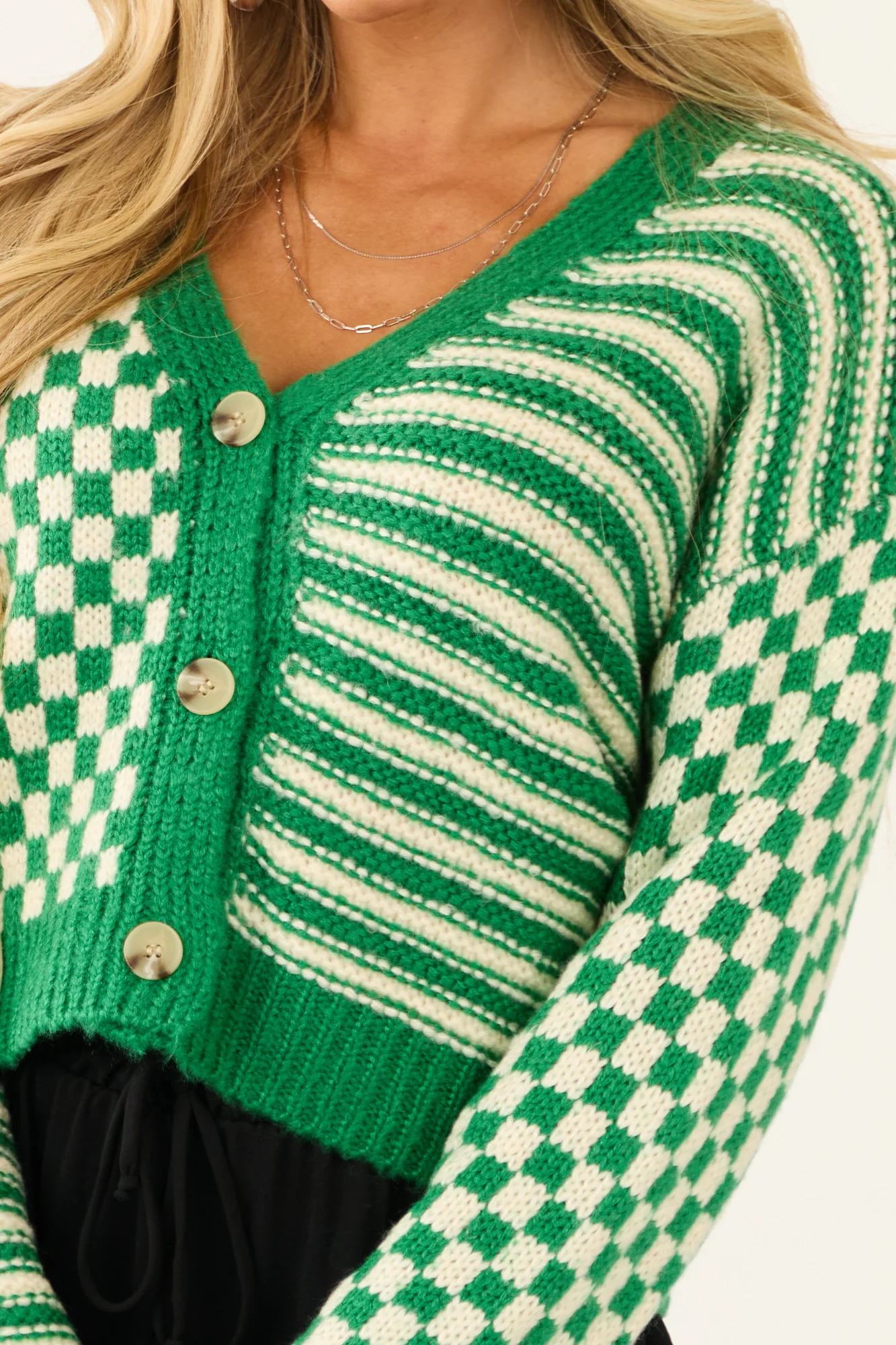 Chunky Knit Green Cardigan with Stripe Print