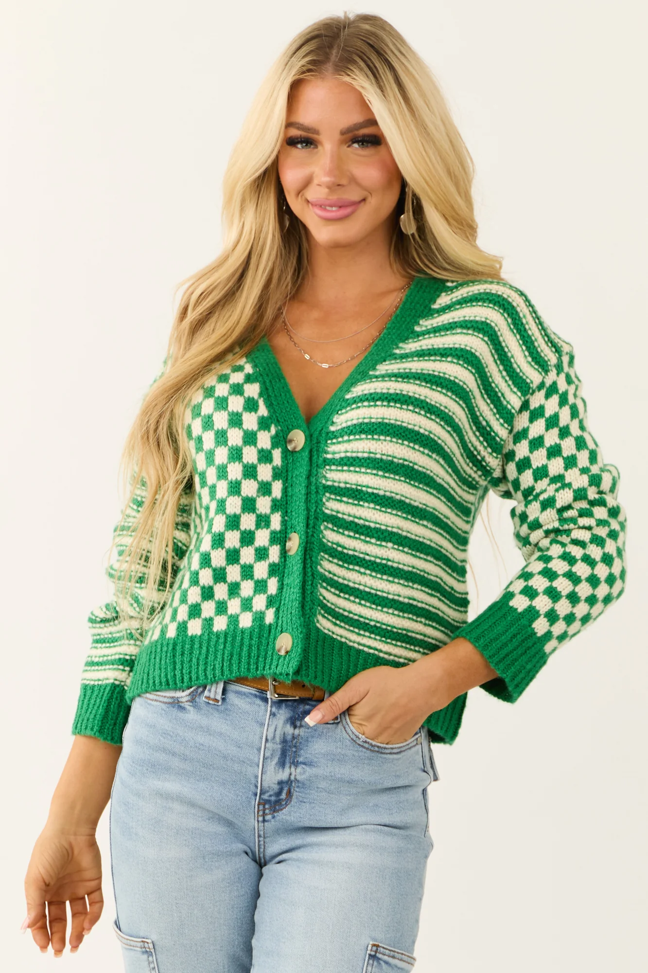 Chunky Knit Green Cardigan with Stripe Print