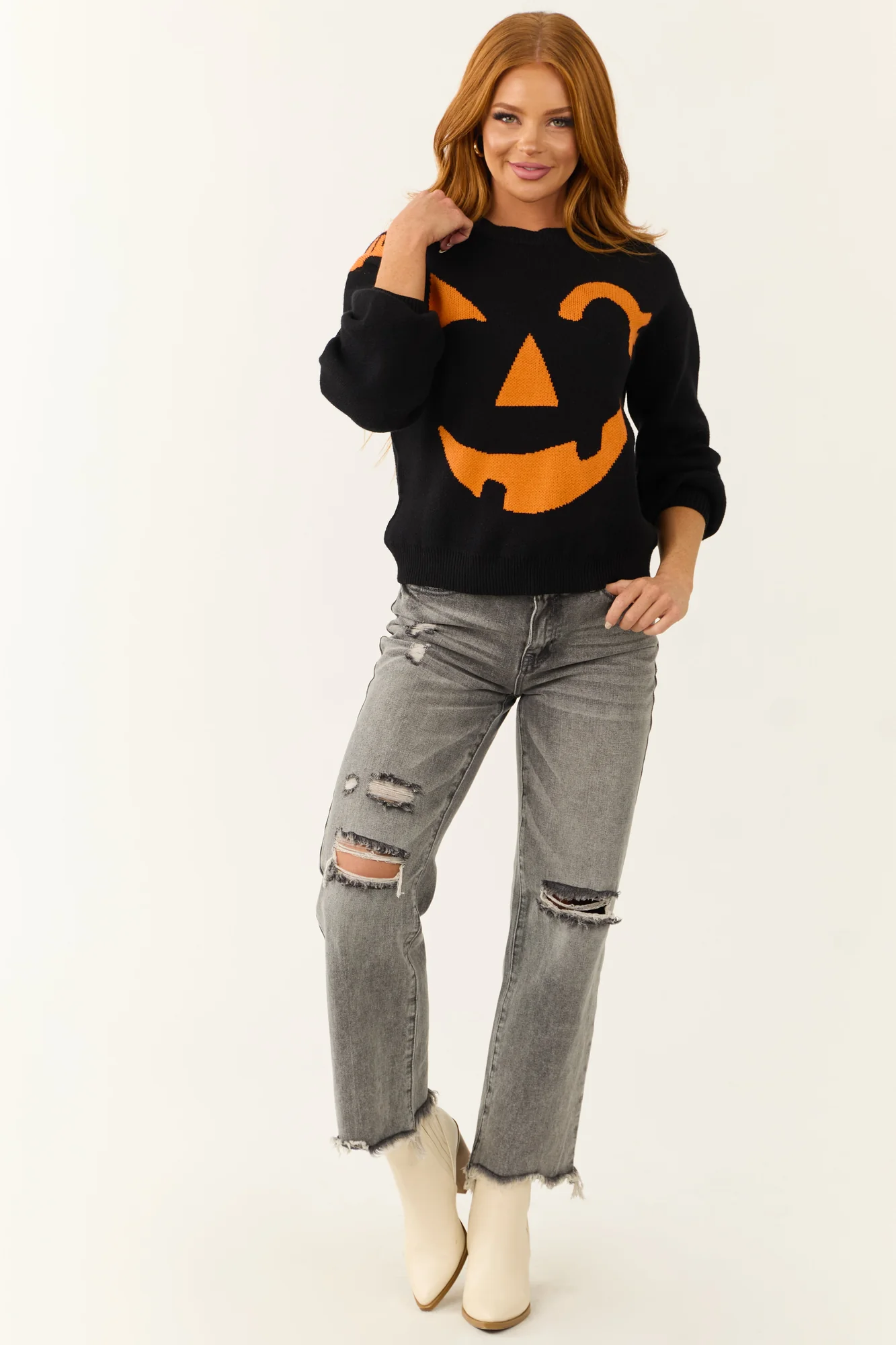 Pumpkin Graphic Crew Neck Knit Sweater - Black