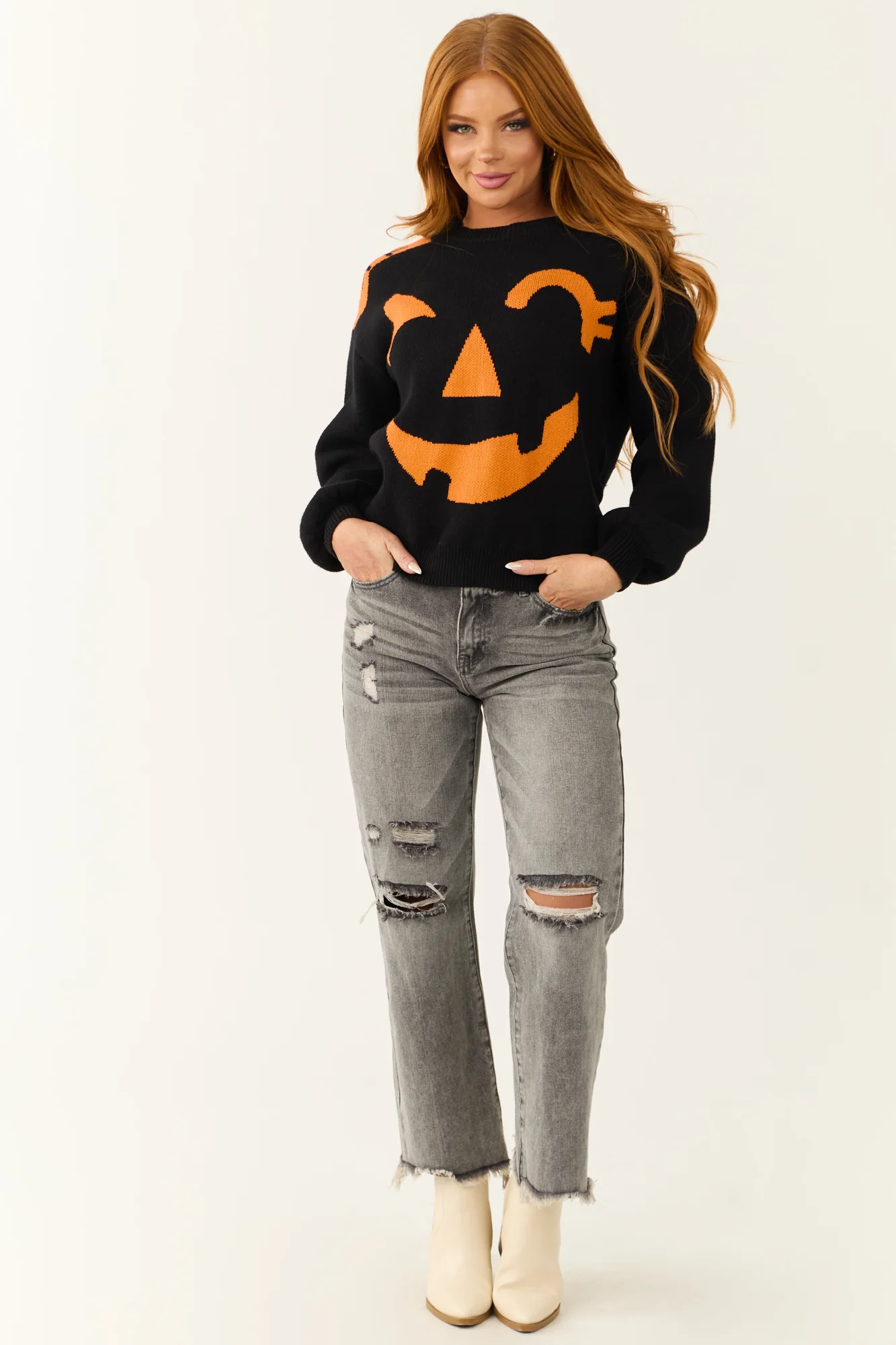 Pumpkin Graphic Crew Neck Knit Sweater - Black