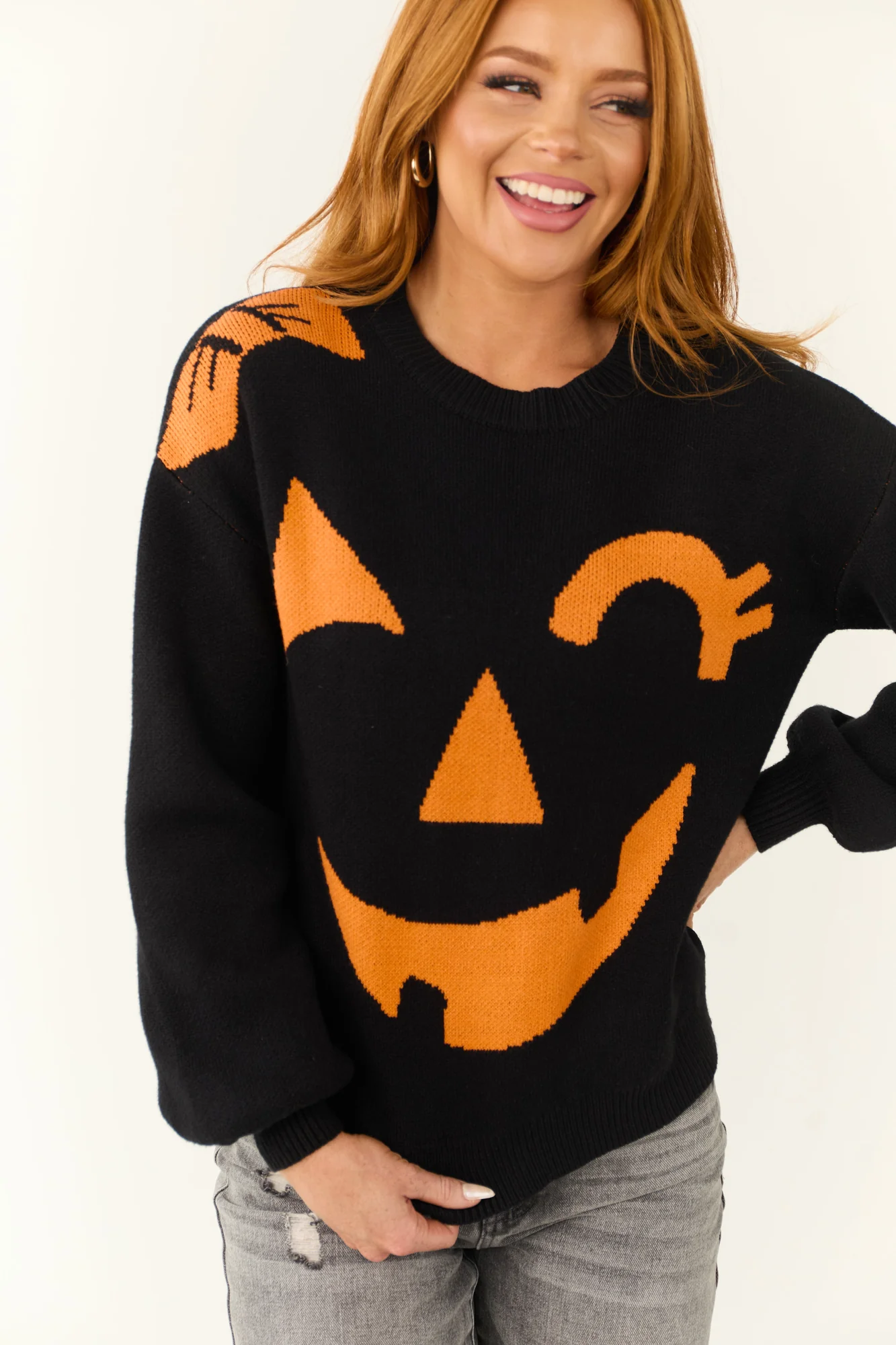 Pumpkin Graphic Crew Neck Knit Sweater - Black