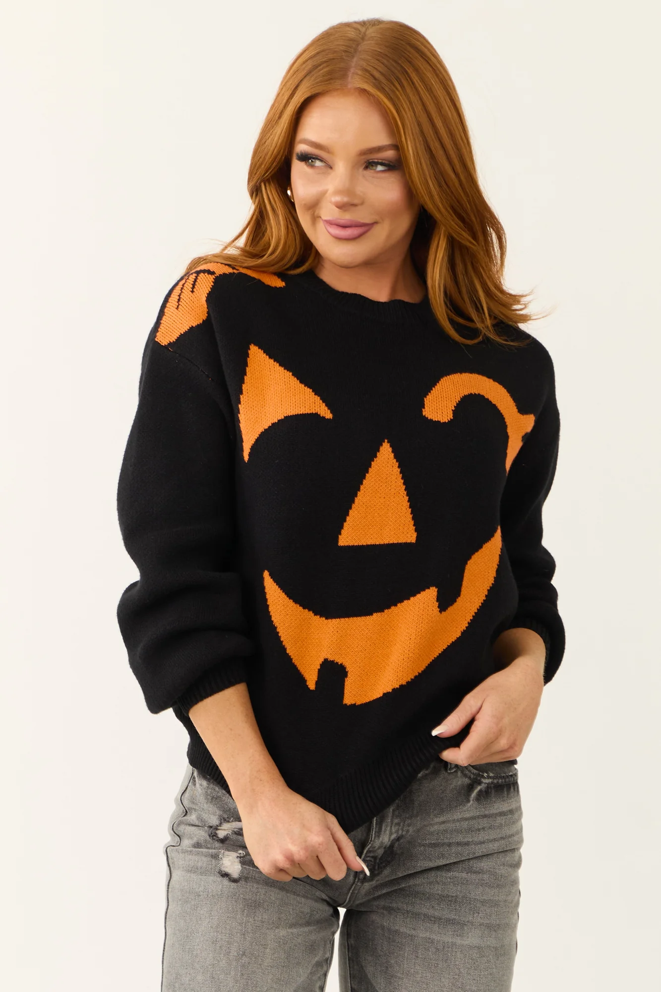 Pumpkin Graphic Crew Neck Knit Sweater - Black