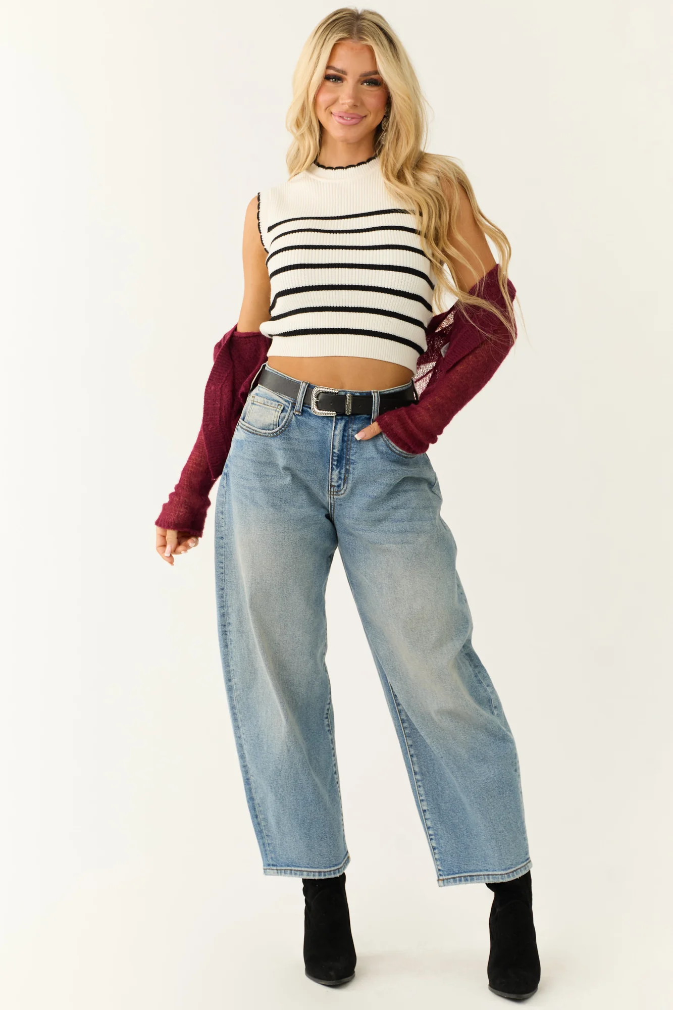 Striped Ivory & Black Scalloped Knit Sweater Vest