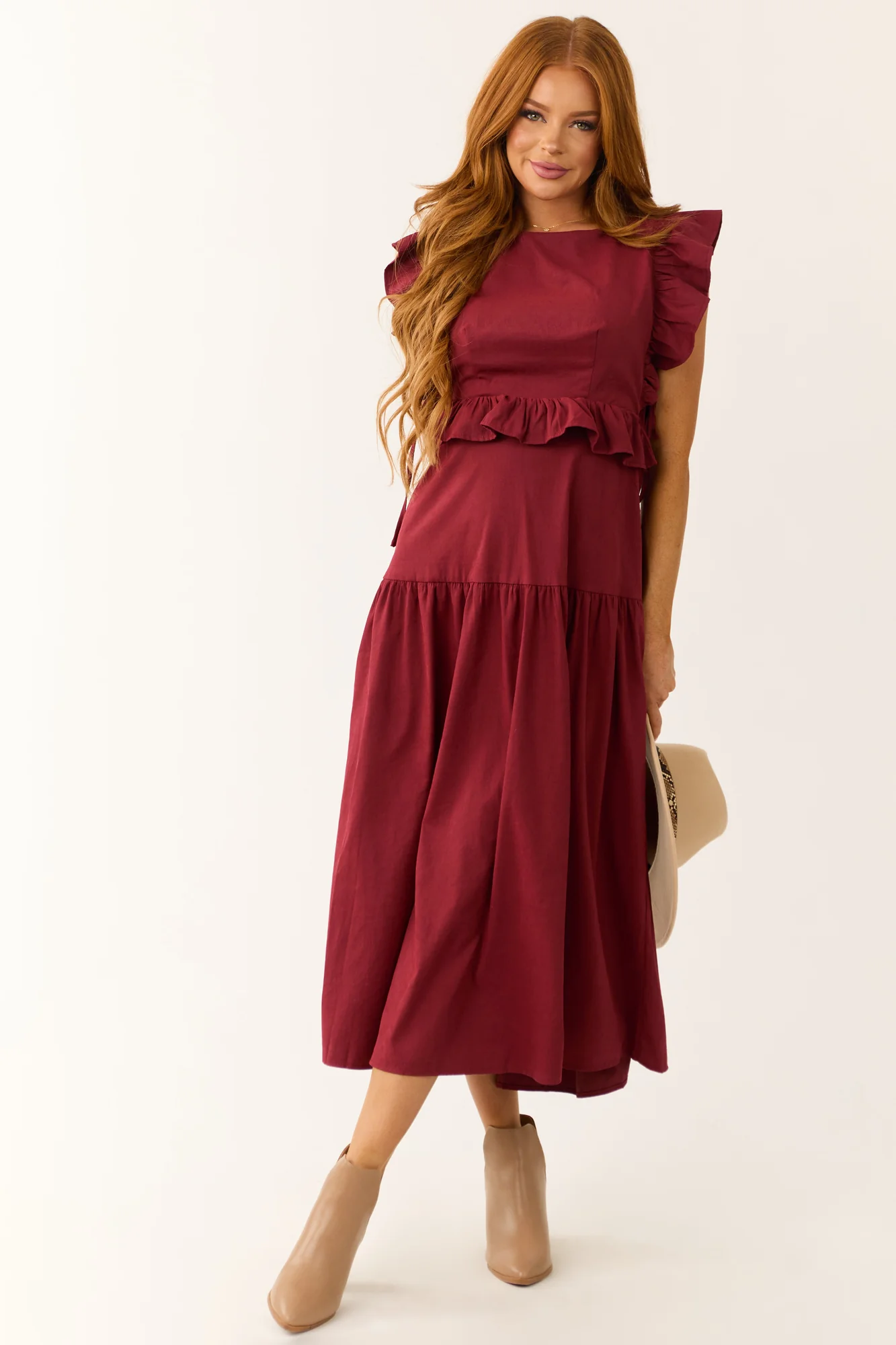 Maroon Ruffle Sleeve Midi Dress with Open Back Tie Detail