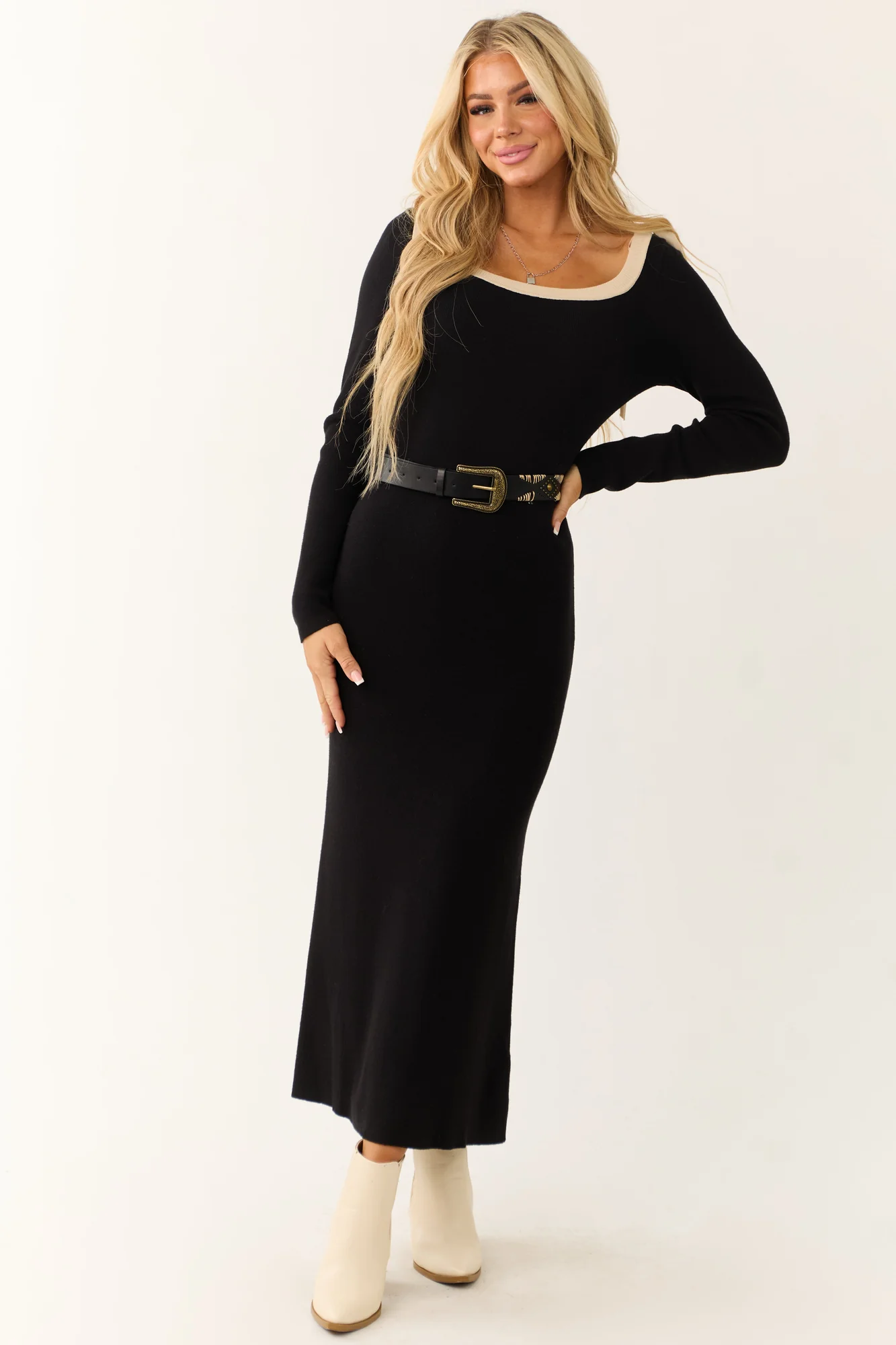 Black Bow Shoulder Maxi Dress with Almond Contrast Neckline