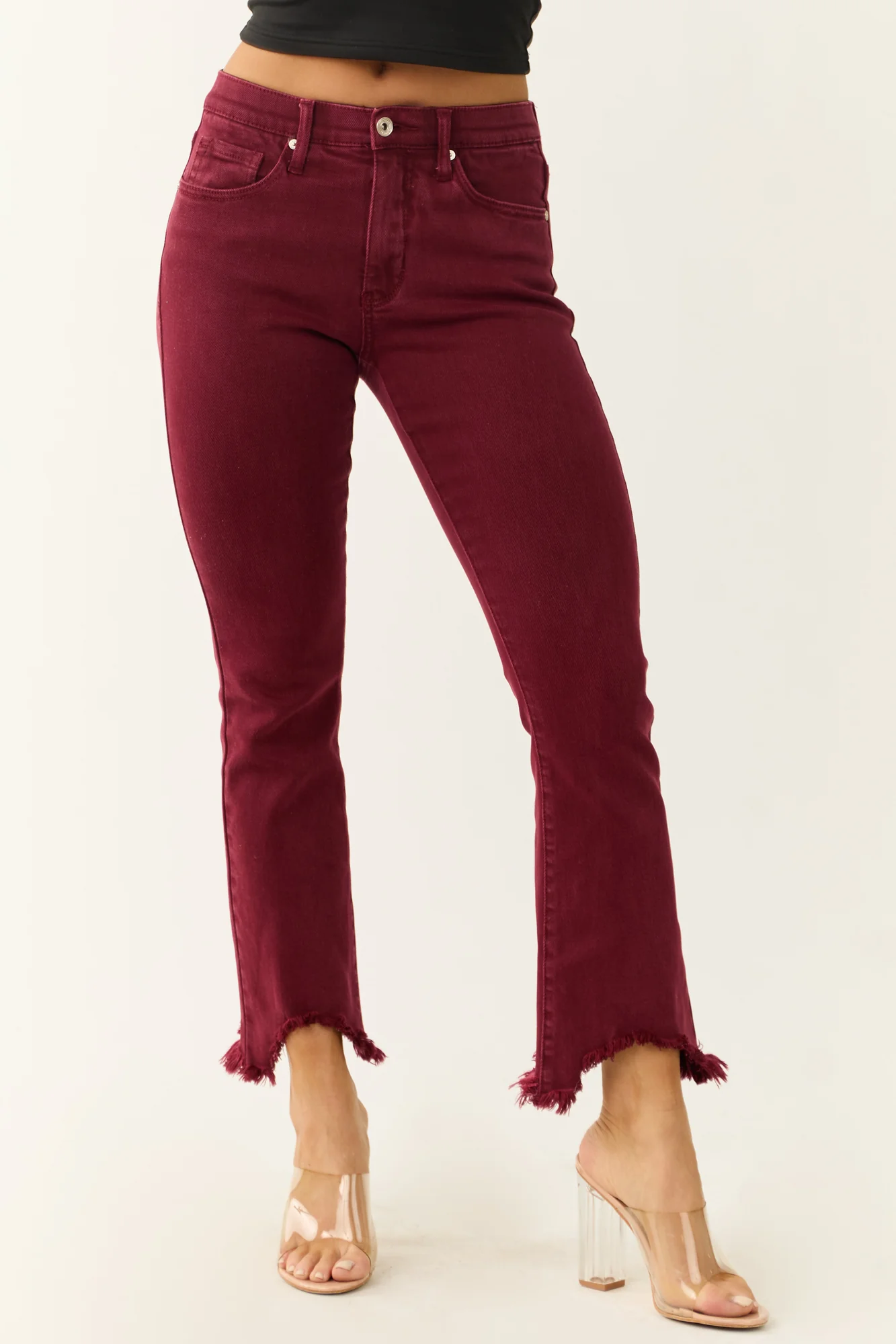 Red Cropped Kick Flare Jeans with Tummy Control