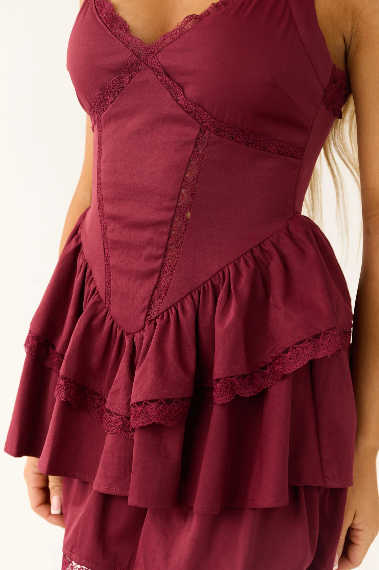 Red Lace Trim Tiered Mini Dress