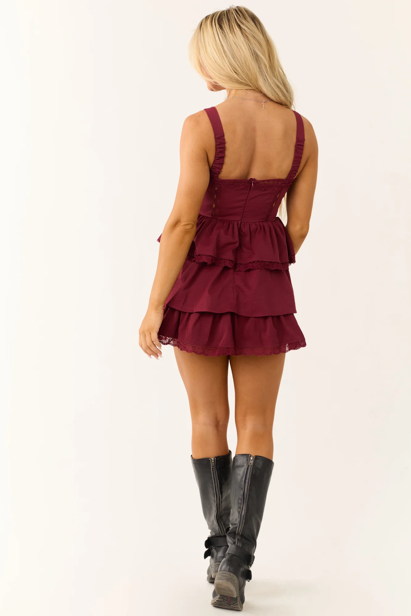 Red Lace Trim Tiered Mini Dress