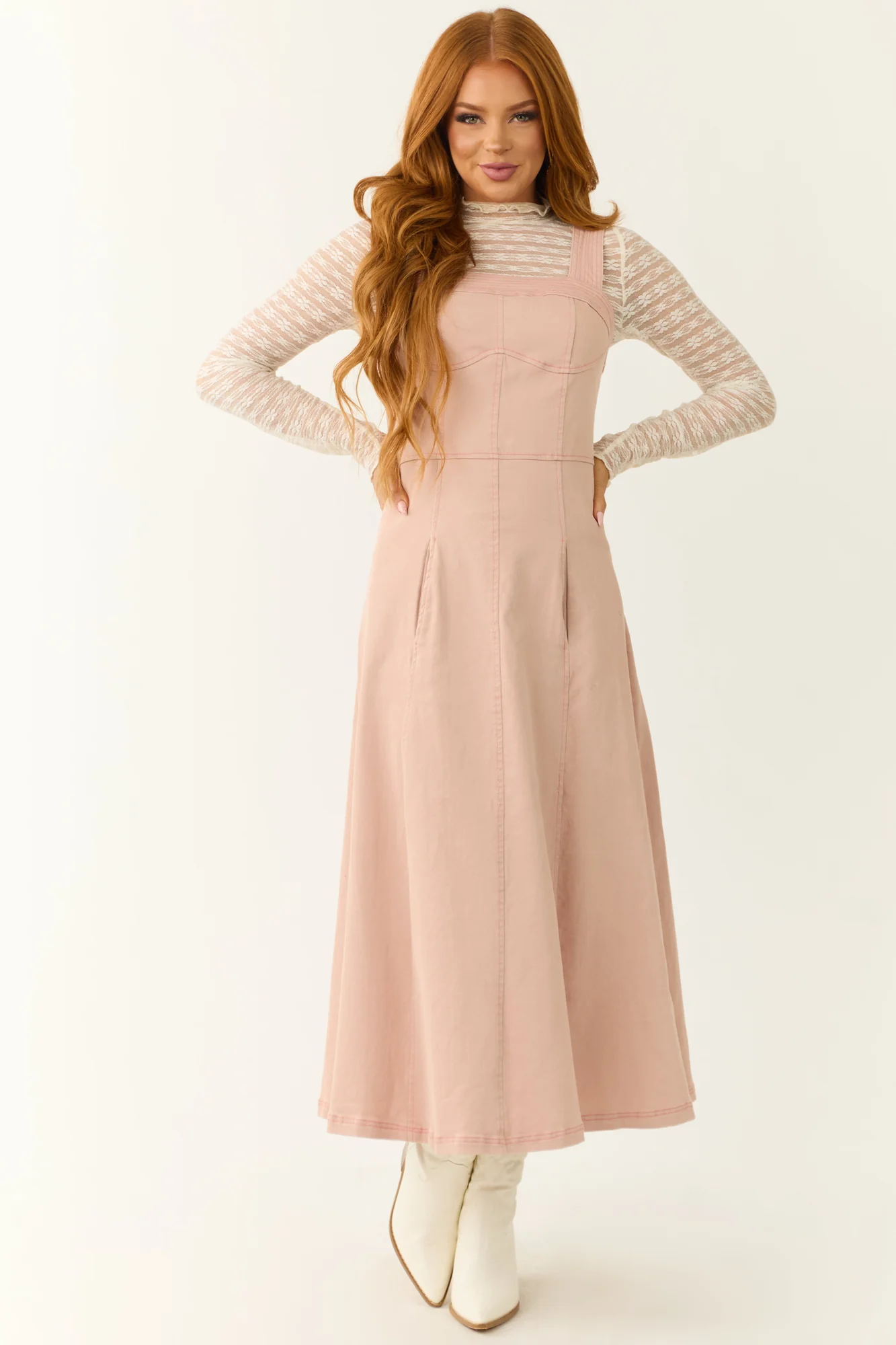 Baby Pink Denim Square Neck Midi Dress