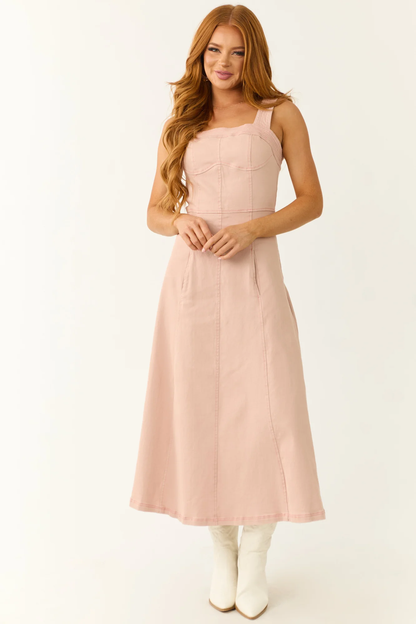 Baby Pink Denim Square Neck Midi Dress