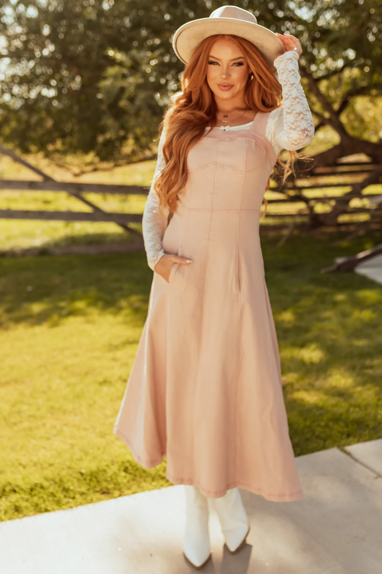 Baby Pink Denim Square Neck Midi Dress