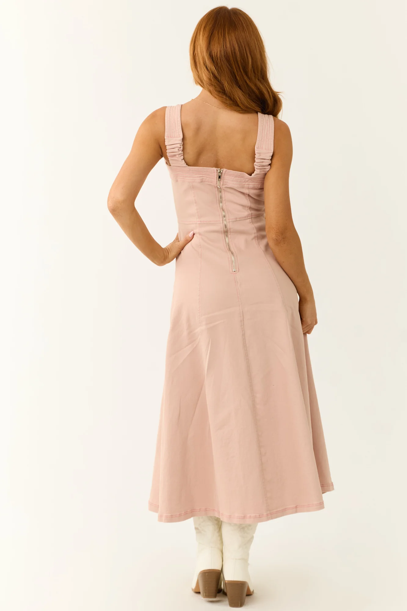 Baby Pink Denim Square Neck Midi Dress