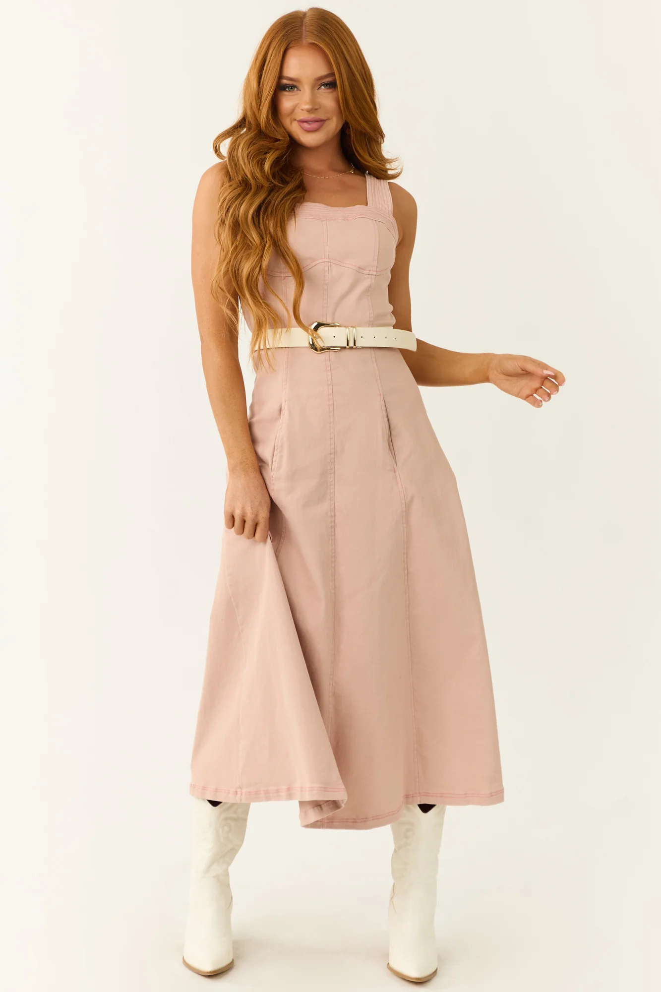 Baby Pink Denim Square Neck Midi Dress