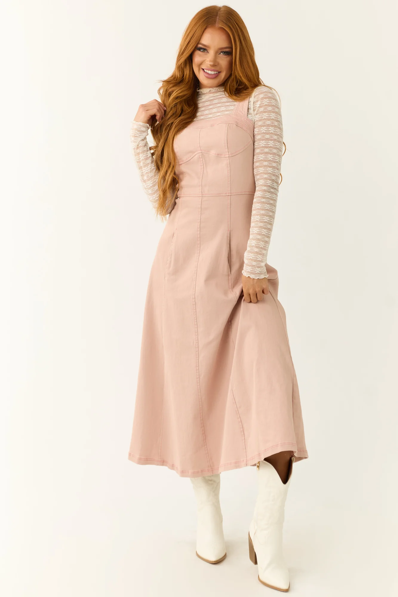 Baby Pink Denim Square Neck Midi Dress